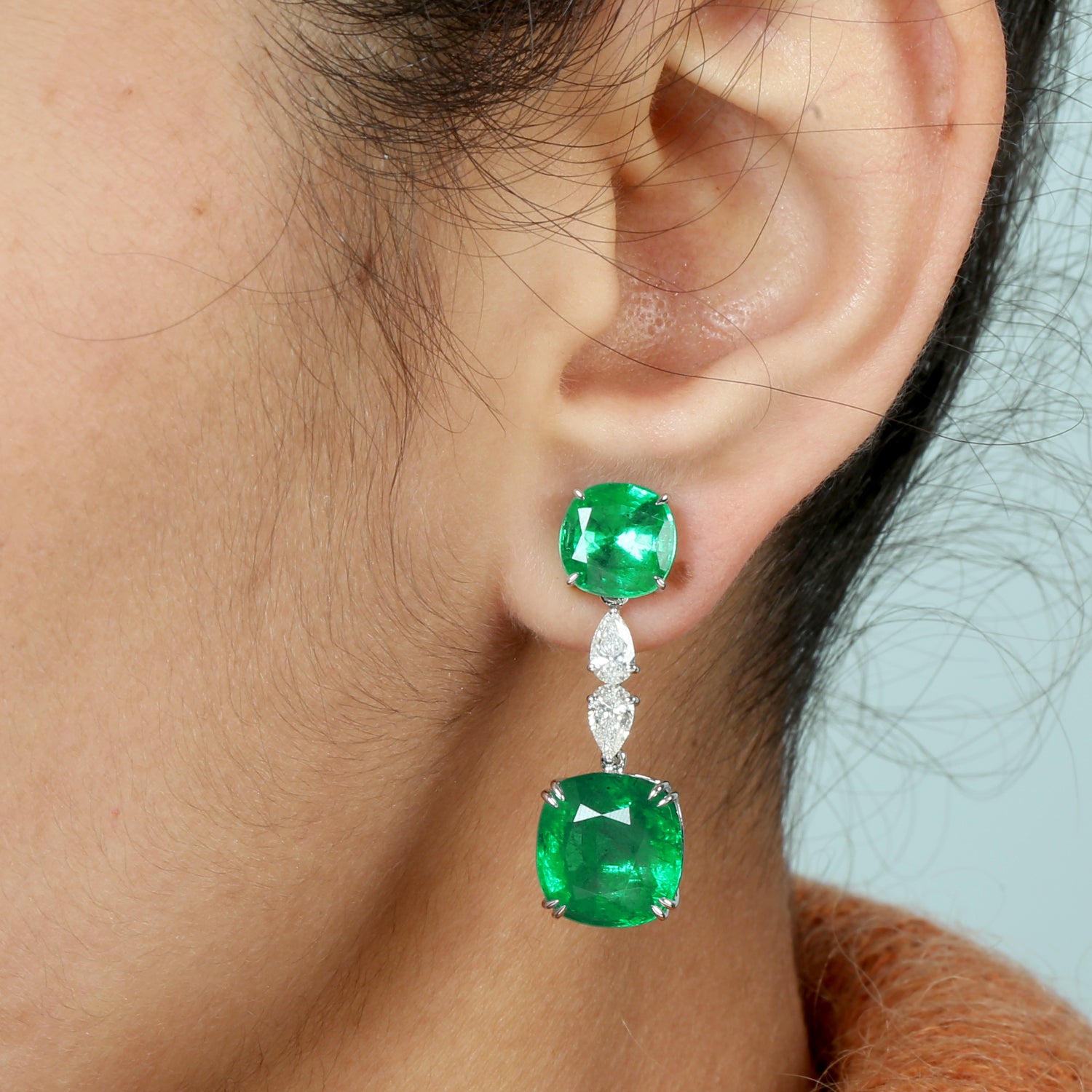 18K White Gold Cushion Cut Emerald & Rose Cut Diamond Dangle Earrings - Elegant Wedding, Party & Evening Wear Jewelry for Women