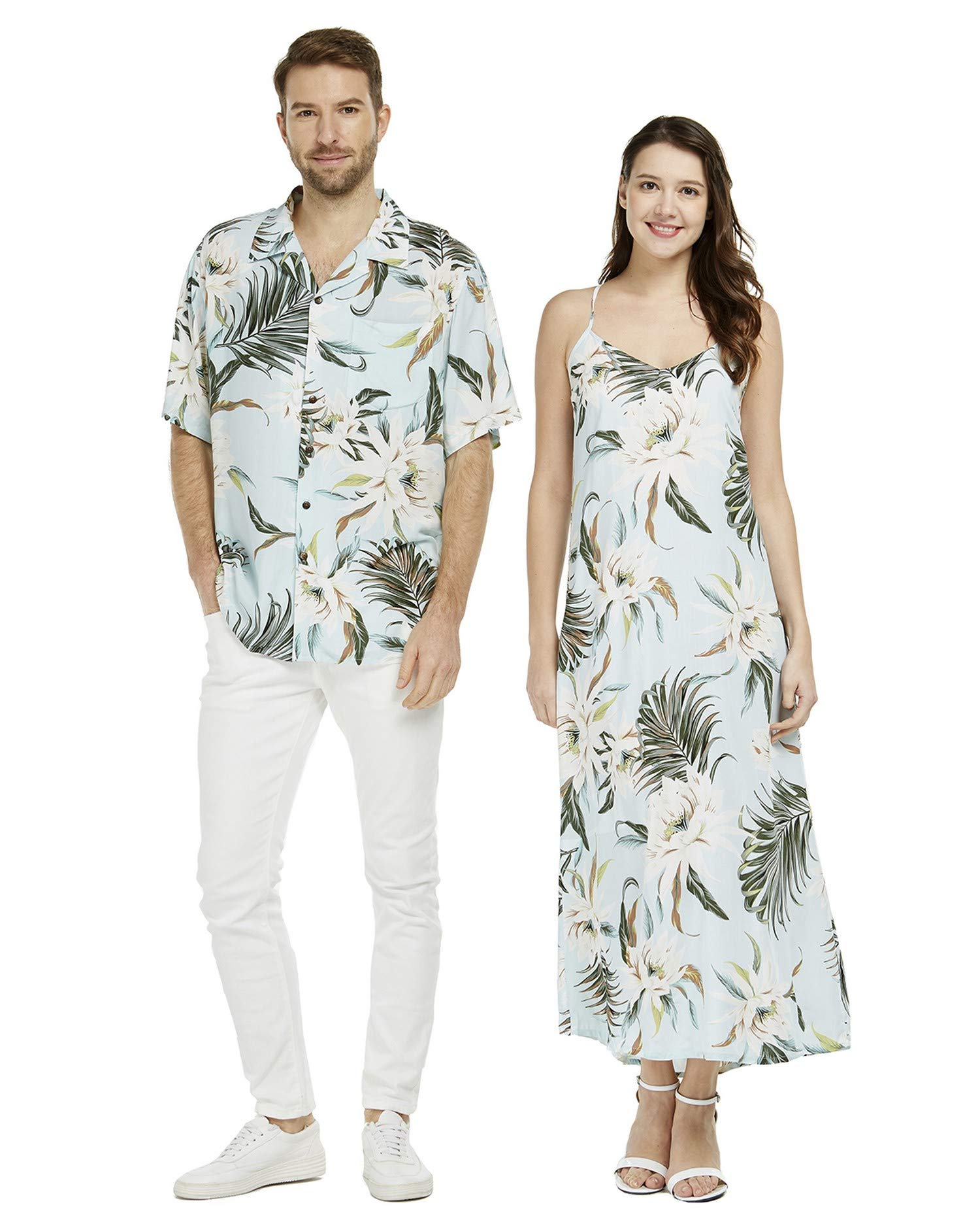 Hawaiian Couple Matching Aloha Shirt & Maxi Tank Dress Set - Pink Hibiscus Vine Print Tropical Beachwear for Luau Party, Vacation & Summer Date Night