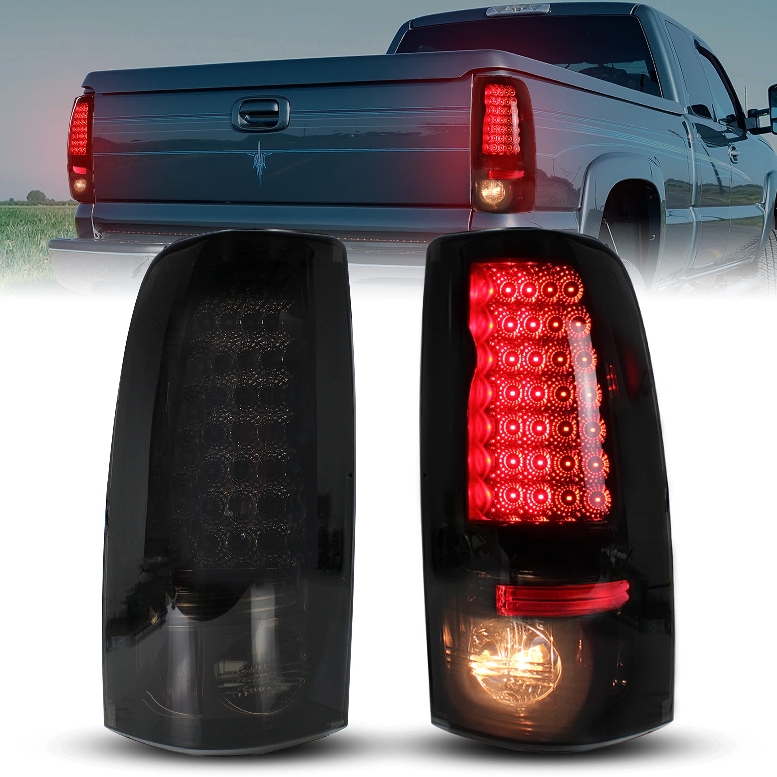 KEWISAUTO Smoked Black LED Tail Lights for Chevy Silverado 1500 2500 3500 & GMC Sierra 1500 2500 3500 (1999-2006) - Brake Rear Lamps, Durable Replacement Accessories - Perfect for Night Driving & Enhanced Vehicle Style