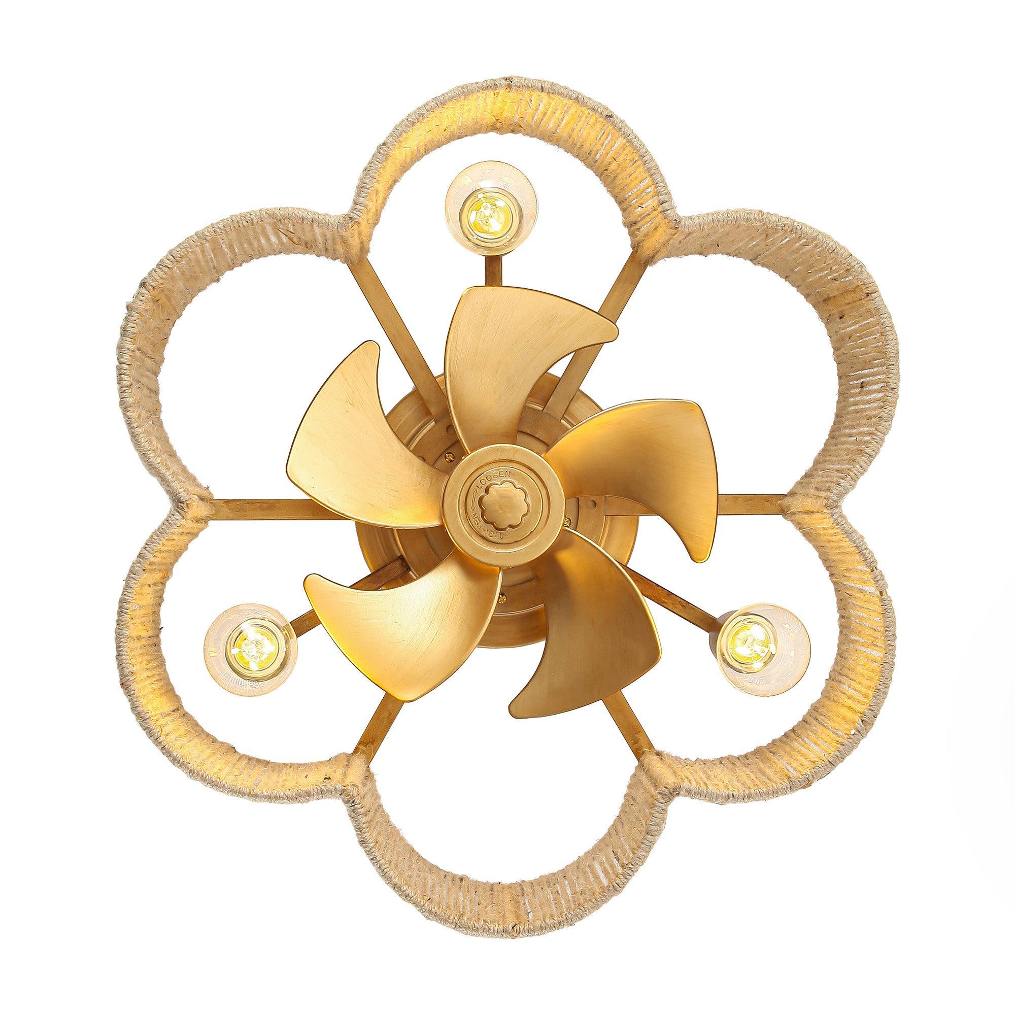 21 Inch Golden Farmhouse Rattan Ceiling Fan with Light - Remote & APP Control, Flower Shape Design for Living Room, Bedroom, and Patio