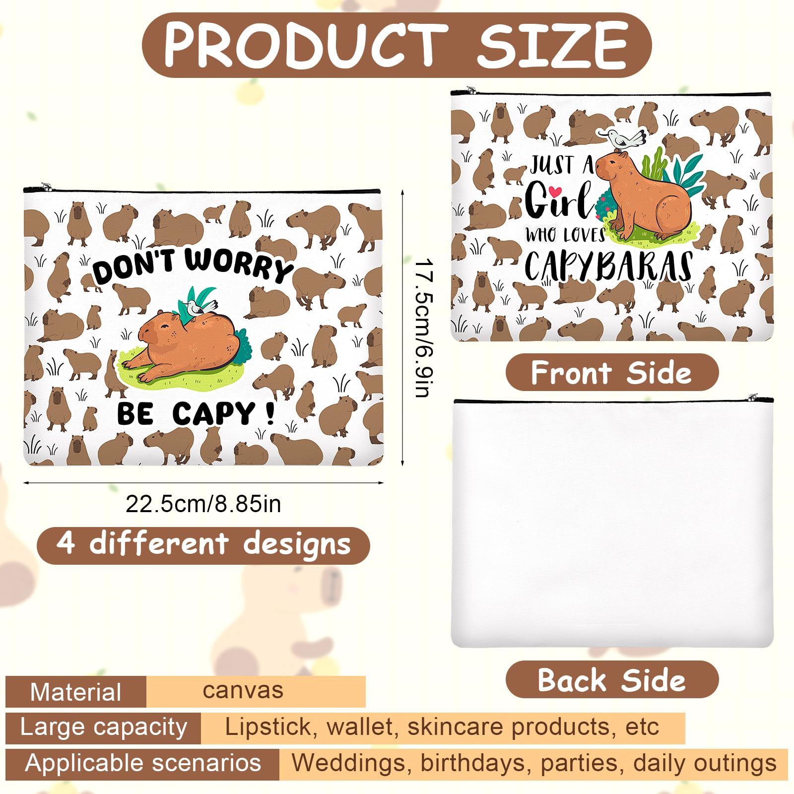 4PCS Kawaii Capybara Makeup Bags - Waterproof Canvas Cosmetic Organizer with Zipper for Travel, Toiletries & Jewelry Storage - Perfect Gift for Women, Girls (Birthday, Graduation, Friendship) - Cute Capybara Lover Accessories for Daily Use & Gifting