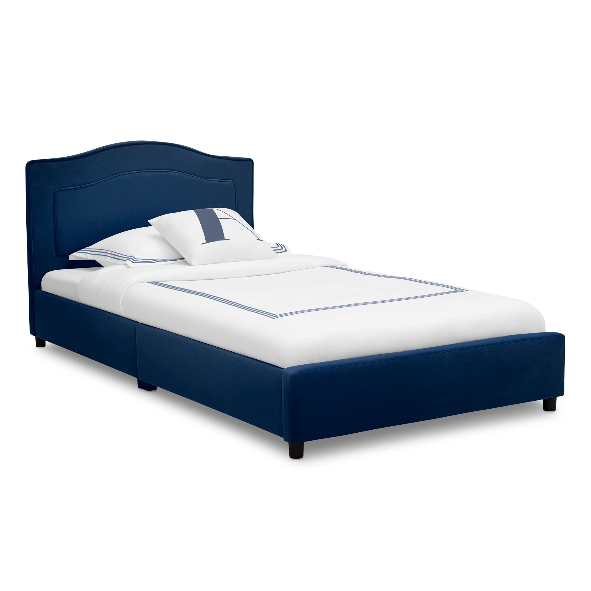Delta Children Upholstered Twin Bed Frame with Storage, Navy Blue - Perfect for Kids' Bedrooms, Guest Rooms & Small Spaces