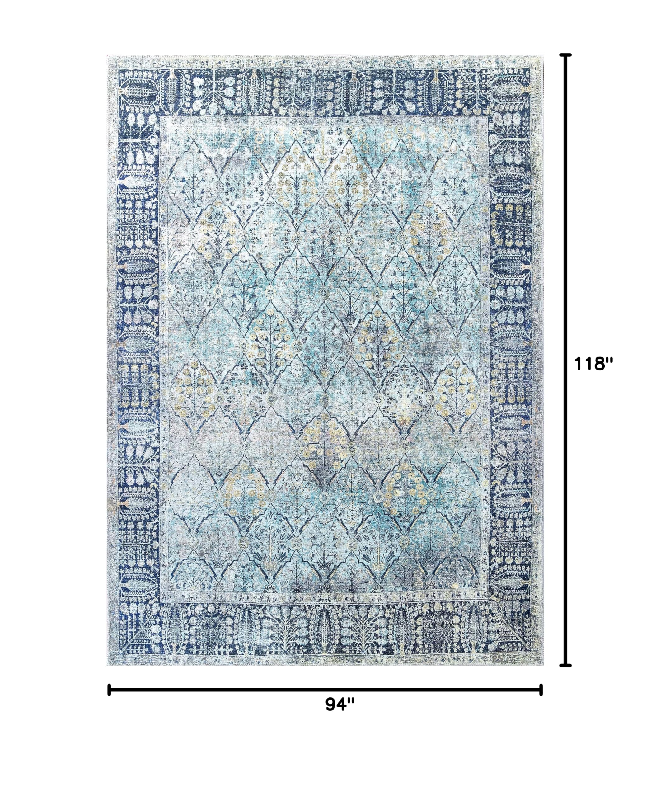 Softwoven 8x10 Machine Washable Cotton Area Rug - Non-Slip, Stain Resistant & Pet Friendly - Vintage Navy & Light Blue Design for Living Room, Bedroom & Hallway - Perfect for High Traffic Areas & Family Homes