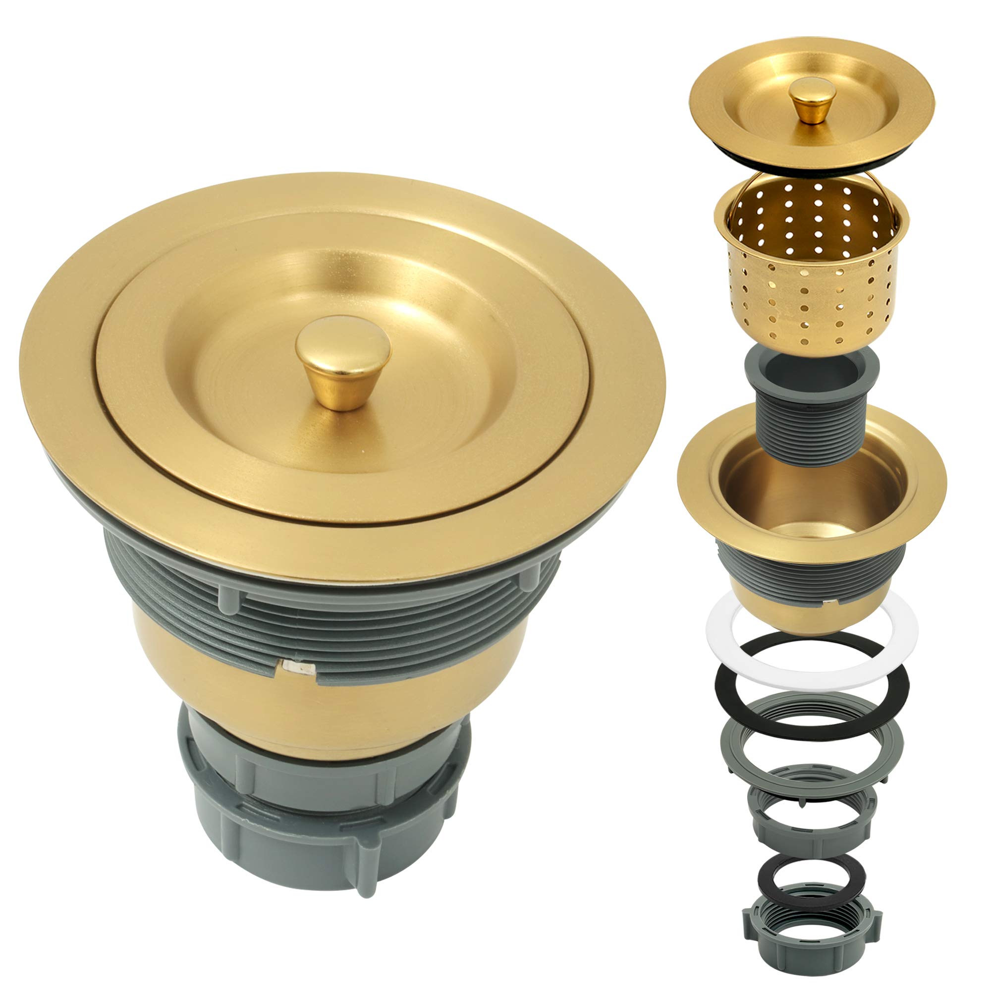LQS Kitchen Sink Drain Assembly - 3.5 Inch Standard Sink Strainer with Removable Waste Basket, Garbage Disposal Flange & Stopper, Golden Finish for Easy Cleaning & Clog Prevention - Perfect for Home Kitchen, RV, Camper & Restaurant Sinks