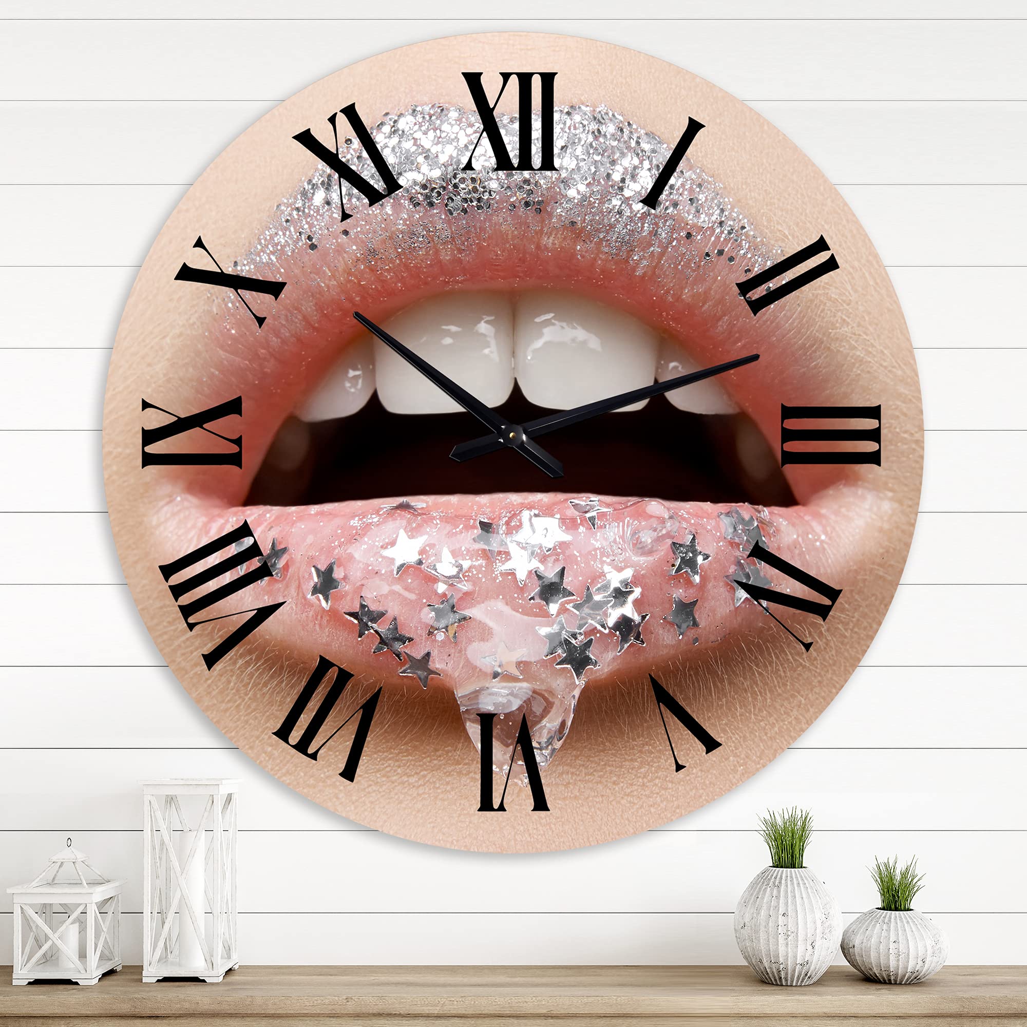 DesignQ Modern Wall Clock - Large Female Lips with Gloss & Stars Artwork - Stylish Office Decor Clock for Home, Living Room, and Workspace