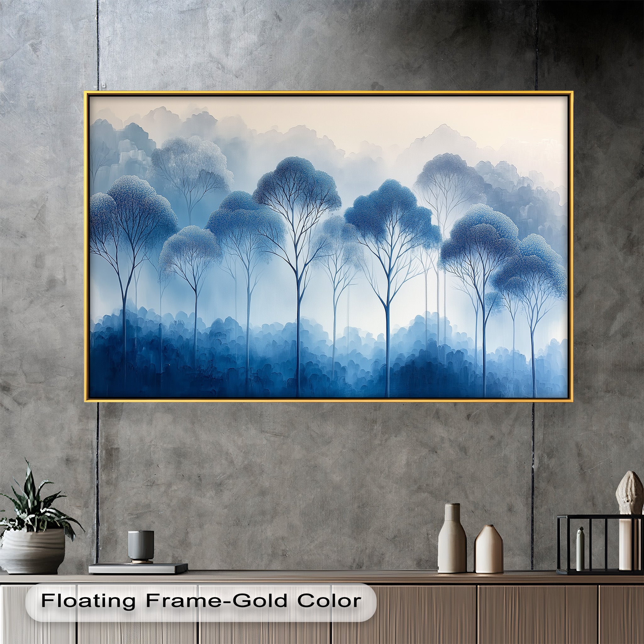 Blue Pine Trees Serene Misty Forest Oil Painting - Handmade Canvas Wall Art for Living Room, Bedroom & Office Decor