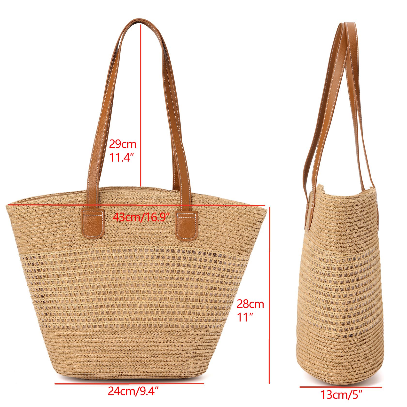 Women's Large Straw Beach Tote Bag - Woven Zipper Shoulder Handbag for Summer Vacation, Pool Party, and Outdoor Travel