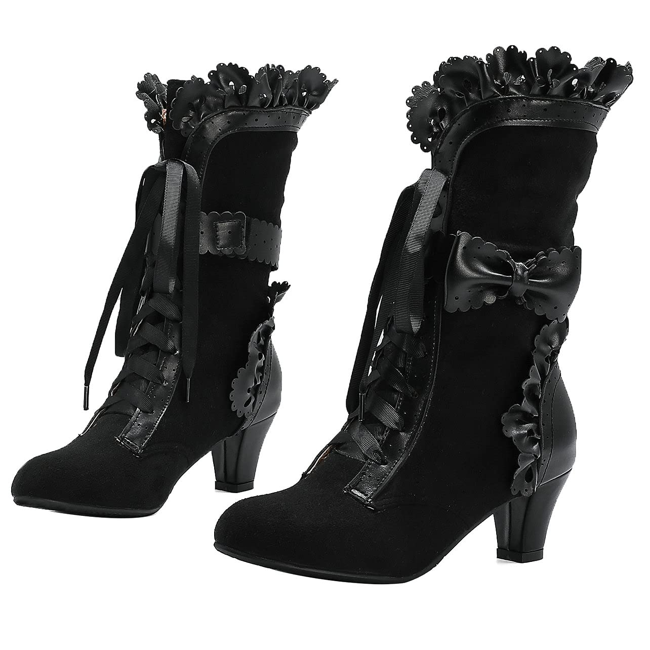 UniqueStride Women's Lolita Kitten Heel Mid Calf Boots - Sweet Bow Lace Up Cosplay Kawaii Dress Boots for Anime Conventions & Gothic Fashion