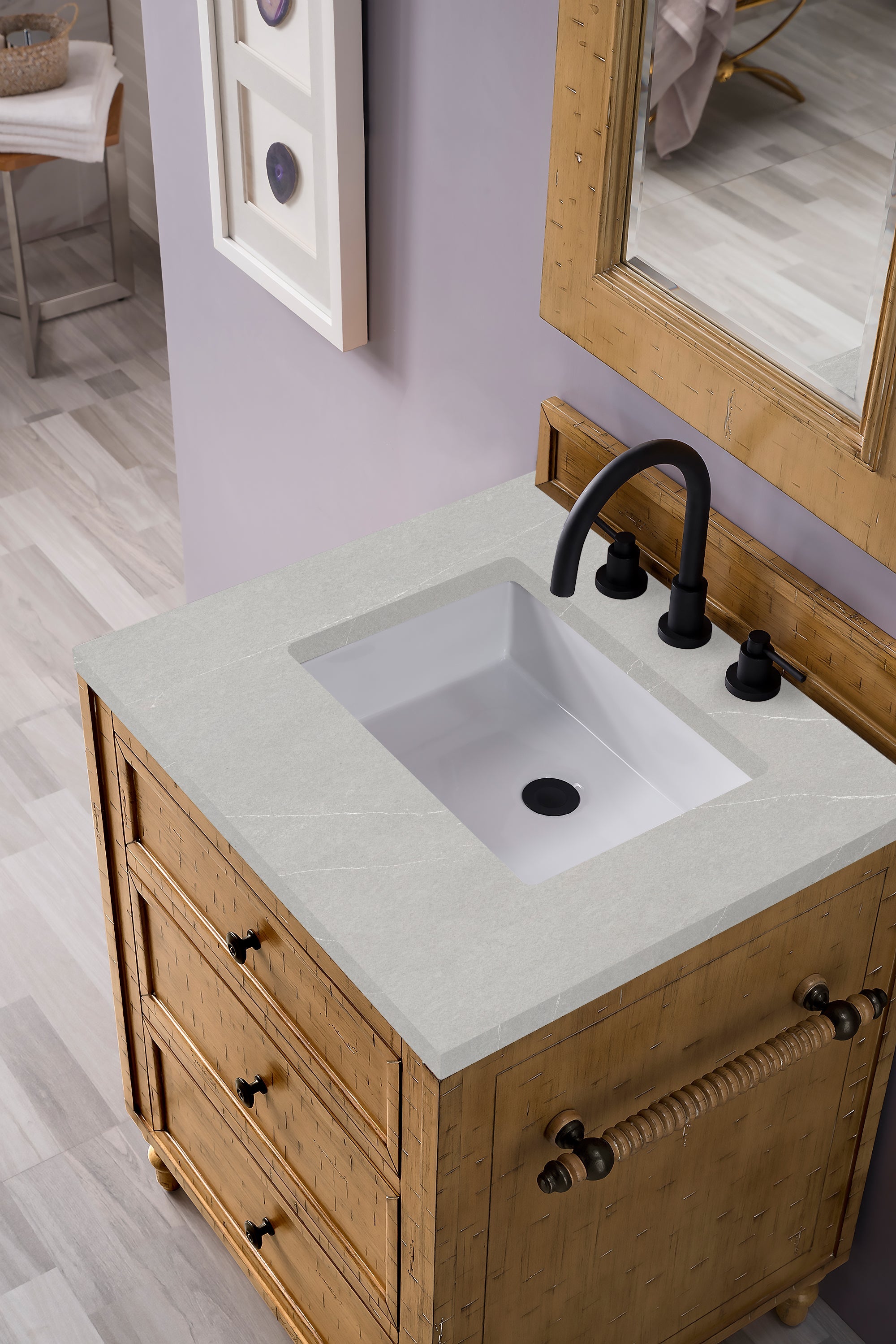 Copper Cove 26 Inch Single Bathroom Vanity Cabinet with Driftwood Patina Finish & 3CM Eternal Serena Quartz Countertop - Perfect for Modern Farmhouse, Coastal, or Rustic Bathroom Decor