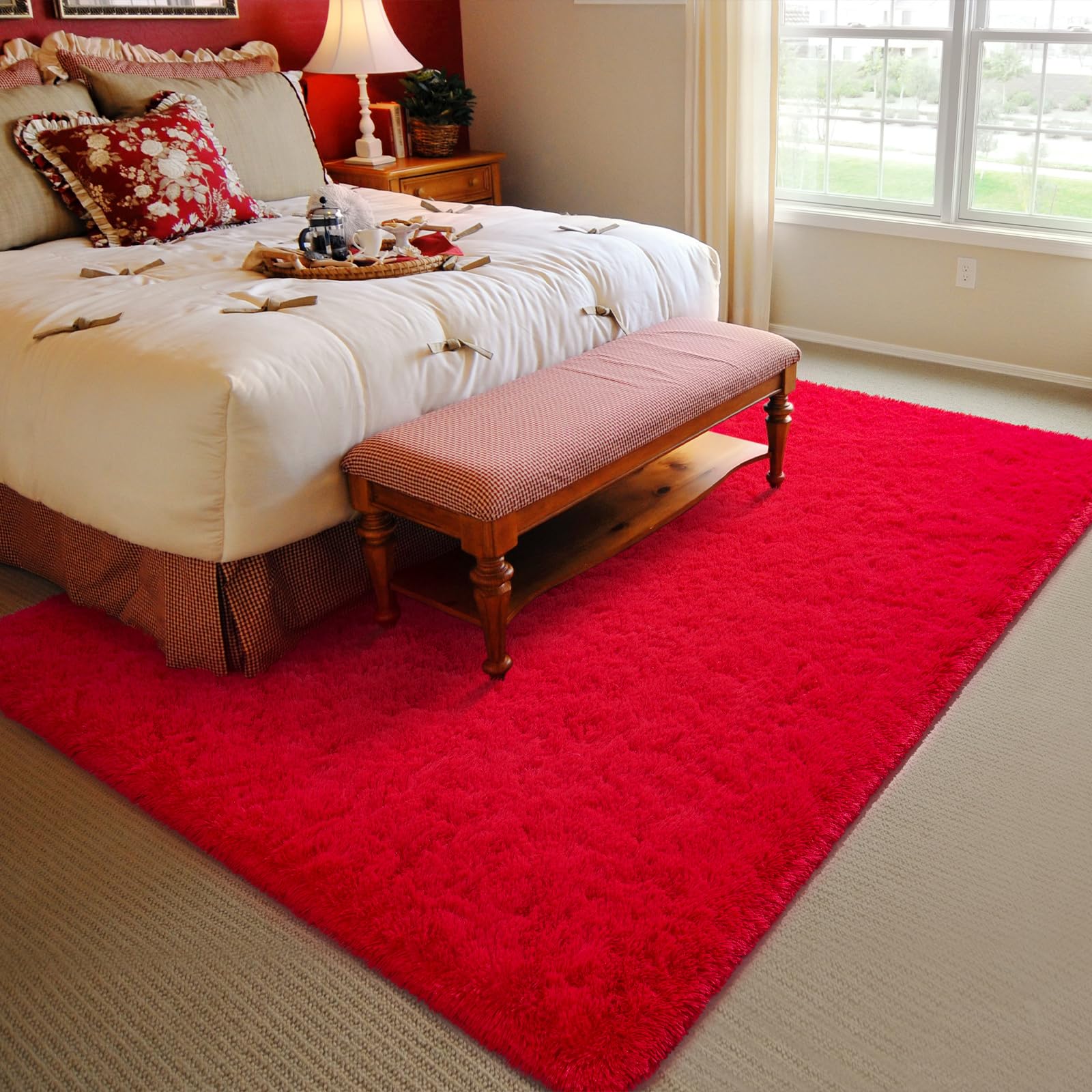 HOMORE 4x6 Feet Red Fluffy Shag Area Rug - Super Soft Furry Carpet for Bedroom, Living Room, Girls Room & Nursery - Modern Home Decor for Dorm, Kids Room & Cozy Spaces