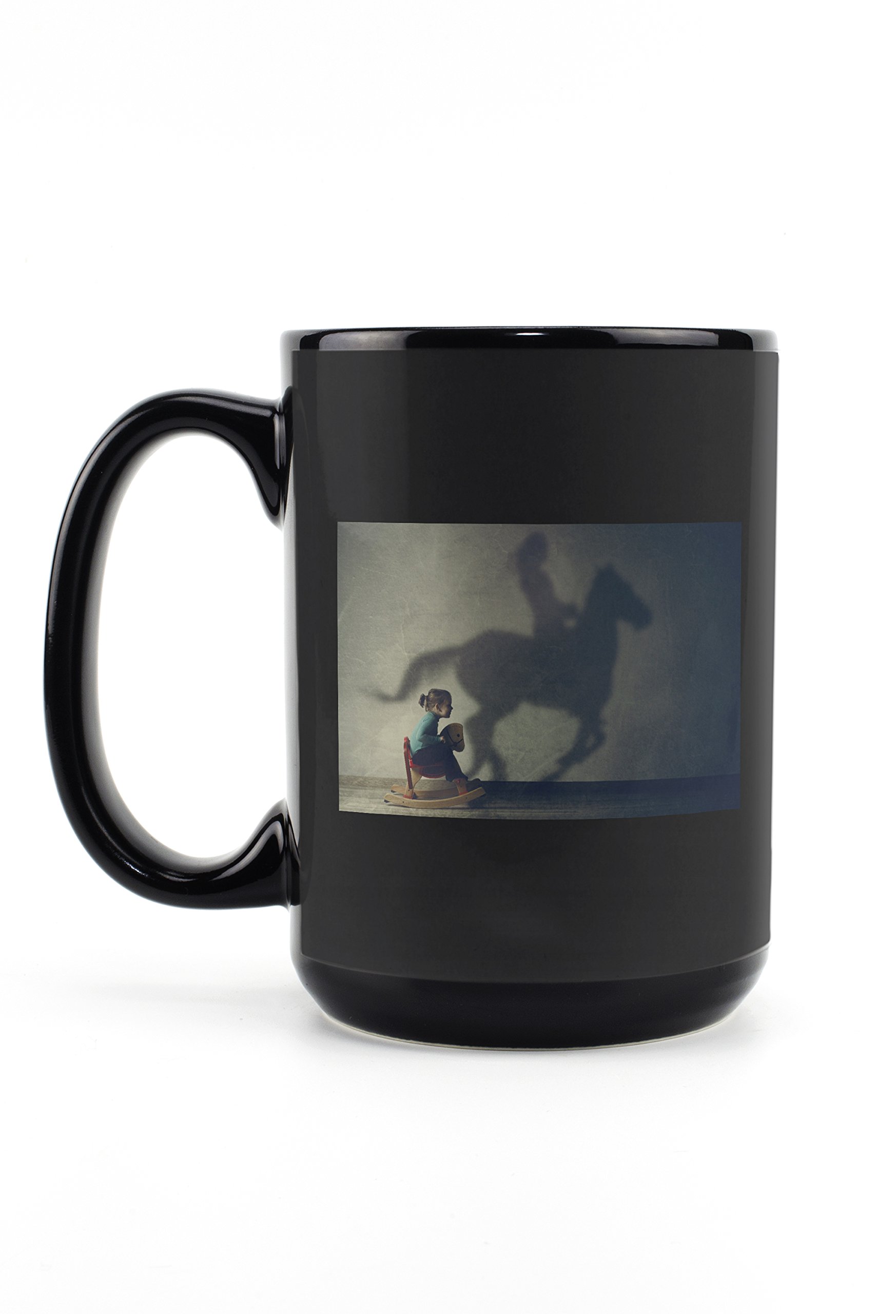 15oz Black Ceramic Coffee Mug with Girl & Rocking Horse Design - Microwave & Dishwasher Safe Tea Cup - Perfect for Home, Office & Gift Giving