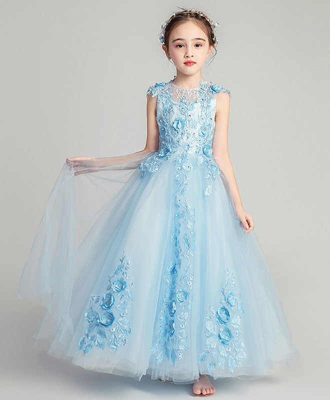 Blue Round Neck Tulle Lace Flower Girl Dress - Elegant Girls Formal Party Gown for Weddings, Baptisms & Special Occasions