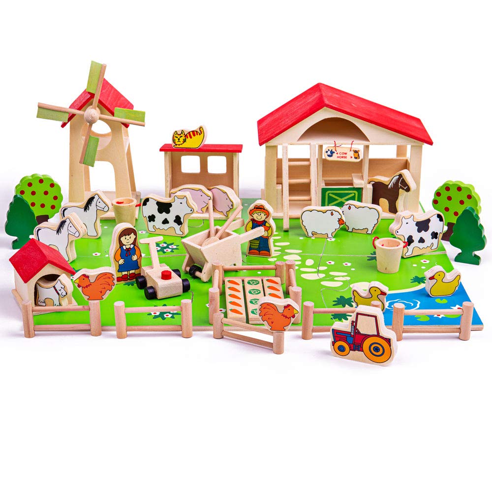 Bigjigs Toys Wooden Farm Set - 50 Piece Educational Farm Animal Playset with Tractor, Barn & Fence | Montessori Learning Toys for Toddlers & Kids | Pretend Play, Farm-Themed Birthday Gifts, Classroom Activities