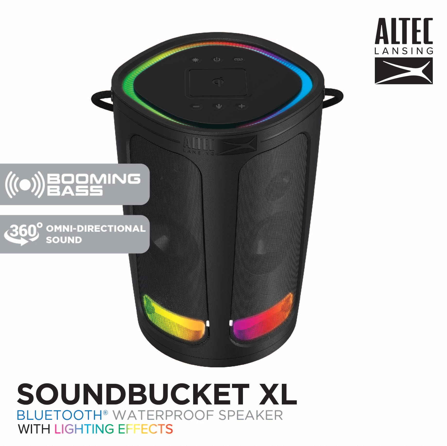 Altec Lansing Soundbucket XL Waterproof Bluetooth Speaker - Wireless LED Light Show, Qi Charging Pad, 20H Playtime, 100ft Range | Perfect for Pool Parties, Beach Outings & Outdoor Adventures