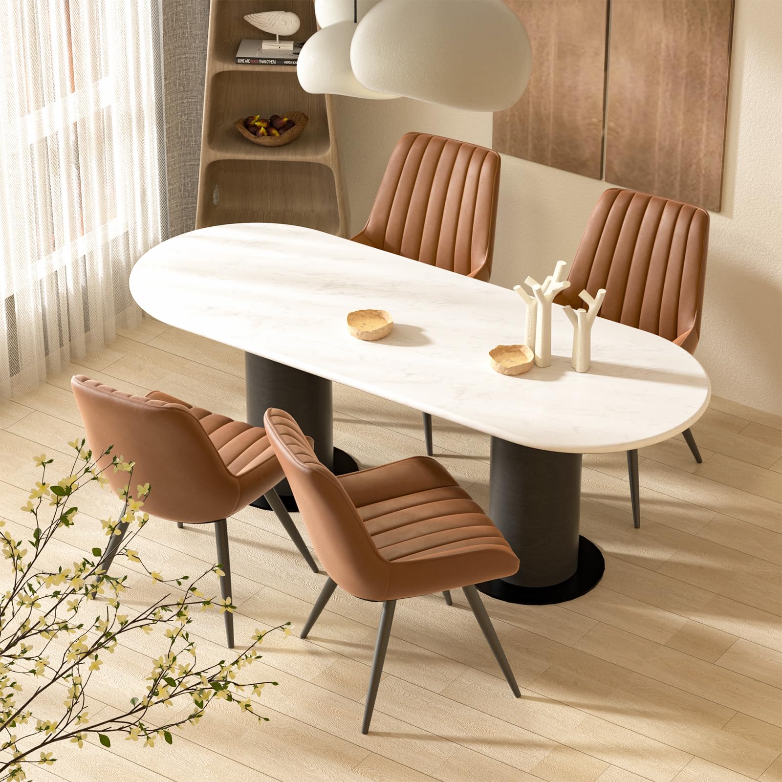 4 Modern Upholstered Dining Chairs Set with Thick Cushions & Sturdy Metal Legs - Brown Fabric Kitchen Side Chairs for Dining Room, Breakfast Nook, and Restaurant Use
