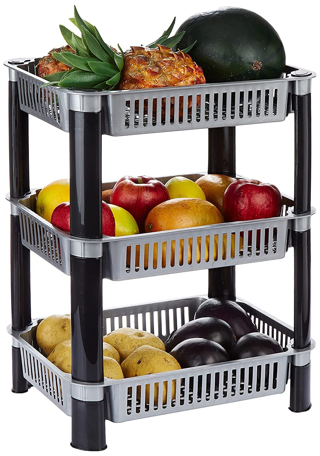 Morbrix 3-Tier Silver Plastic Kitchen Storage Rack - Vegetable Stand Basket for Potatoes, Onions & Fruits - Space-Saving Organizer for Pantry, Office & Countertop Storage