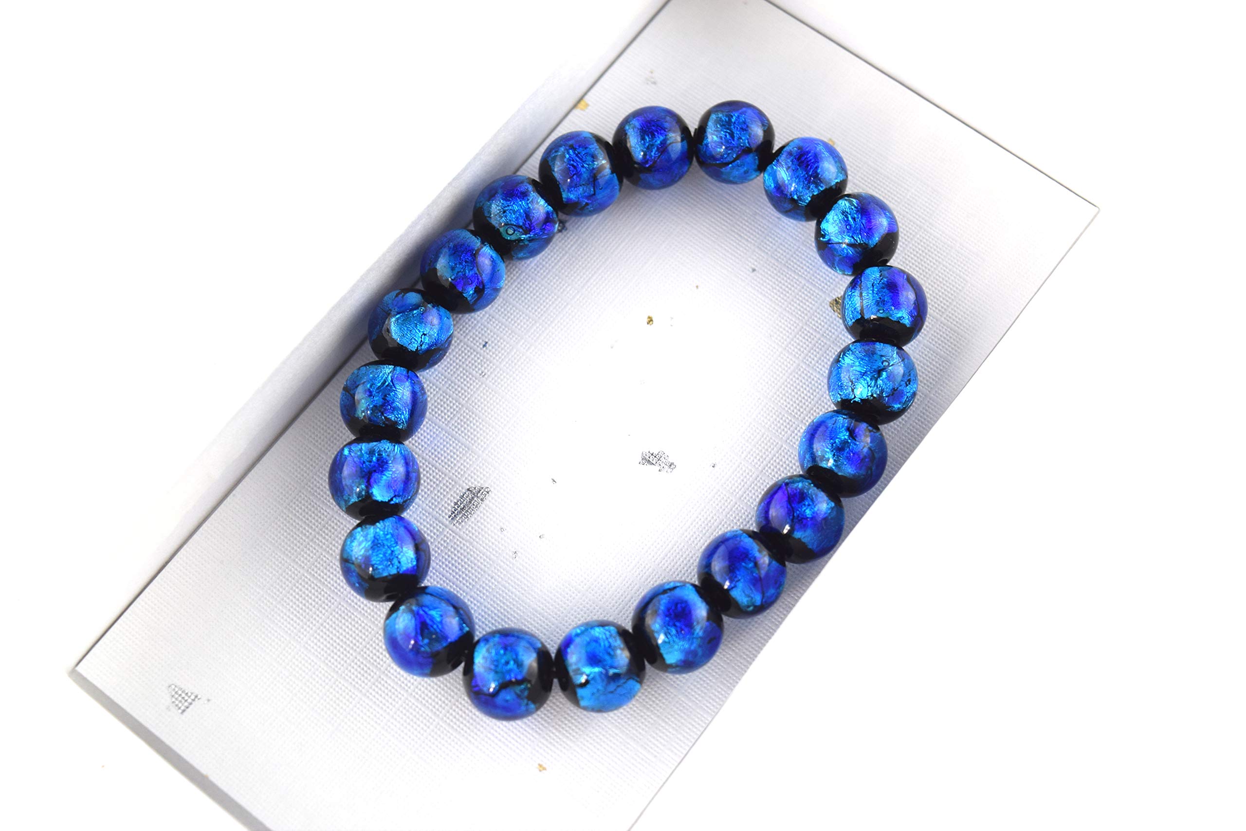 Black Onyx & Pink Blue Ryukyu Fluorite Glass Stretch Bracelet - Japanese Buddhist Prayer Beads for Meditation, Yoga & Spiritual Healing - Elastic Gemstone Jewelry Gift for Women & Men