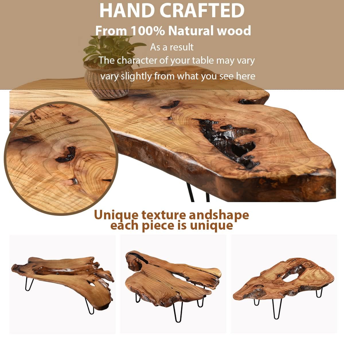 Live Edge Coffee Table - Solid Wood Organic Design for Living Room & Home Office | Easy Assembly Modern Centerpiece | Perfect for Farmhouse Decor & Cozy Spaces