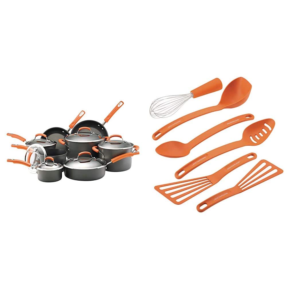 Rachael Ray Brights 14-Piece Nonstick Cookware Set with Glass Lids - Gray Hard-Anodized Pots & Pans with Orange Handles + 6-Piece Kitchen Utensil Set | Durable Cooking Tools for Baking, Frying & Everyday Meal Prep