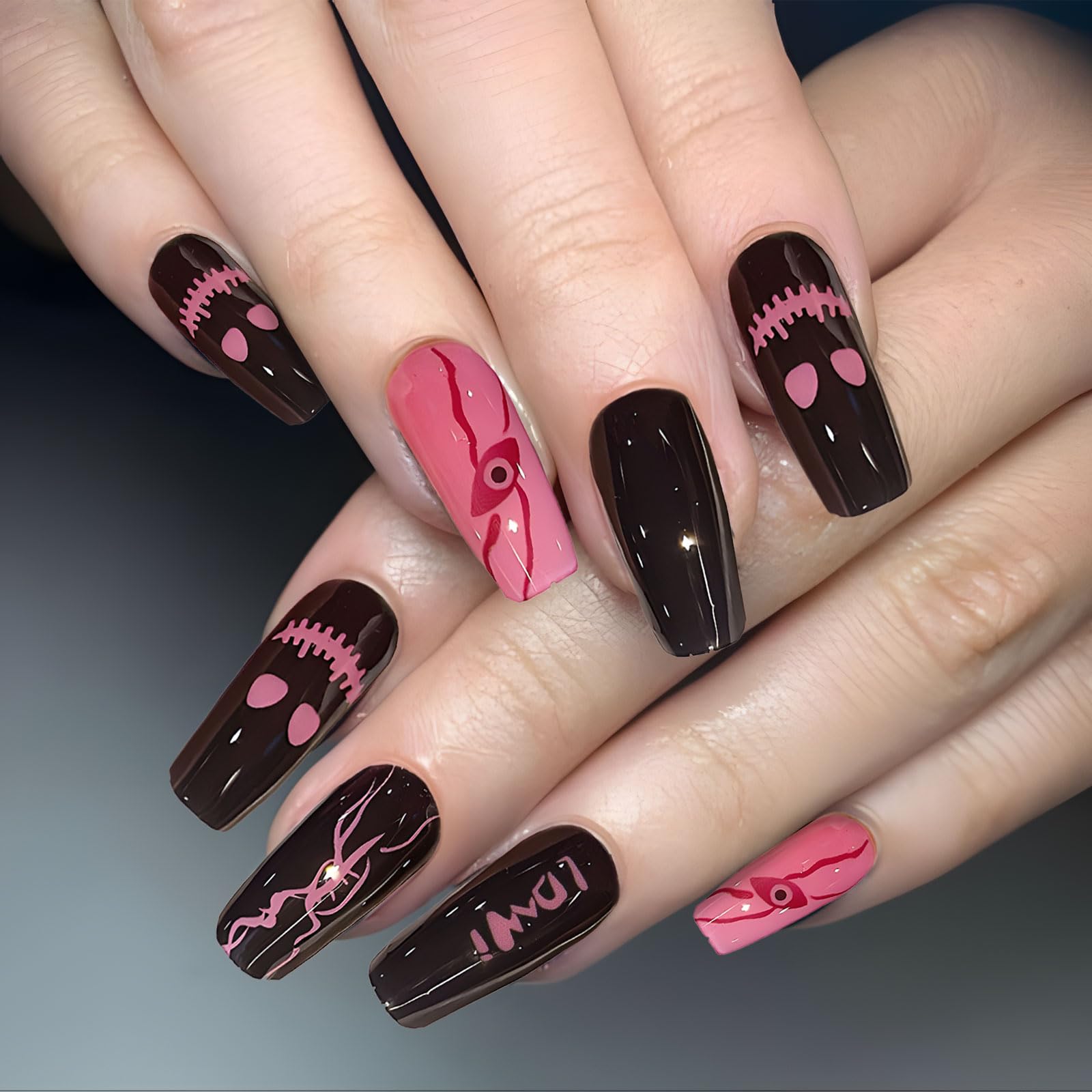 20pcs Halloween Semi Cured Gel Nail Strips - Black & Pink Nail Art Stickers, Full Nail Wraps for Women & Girls | Perfect for Halloween Parties, Costume Nails & DIY Manicures