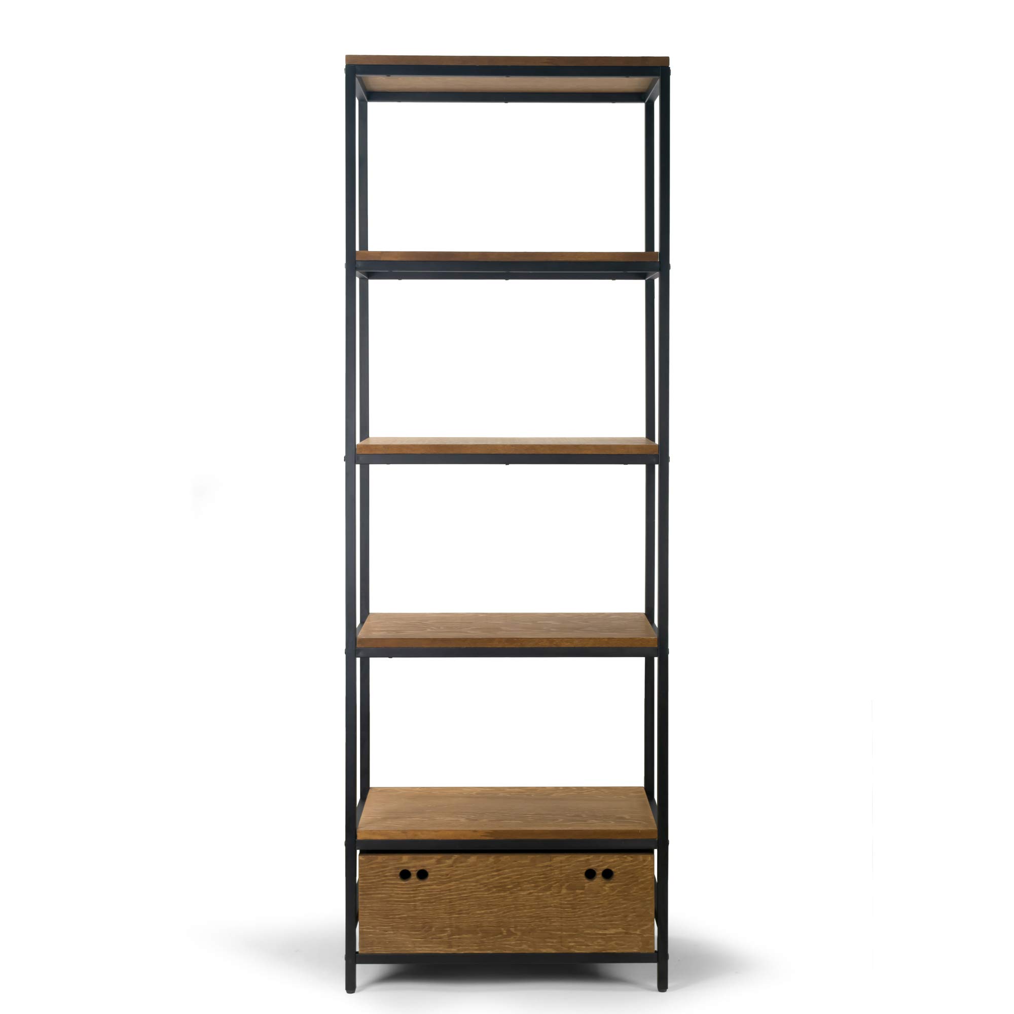 Amy Brown Pine Wood Display Shelf with Metal Frame & Drawer - Stylish Bookcase for Living Room, Bedroom, or Office Storage & Organization