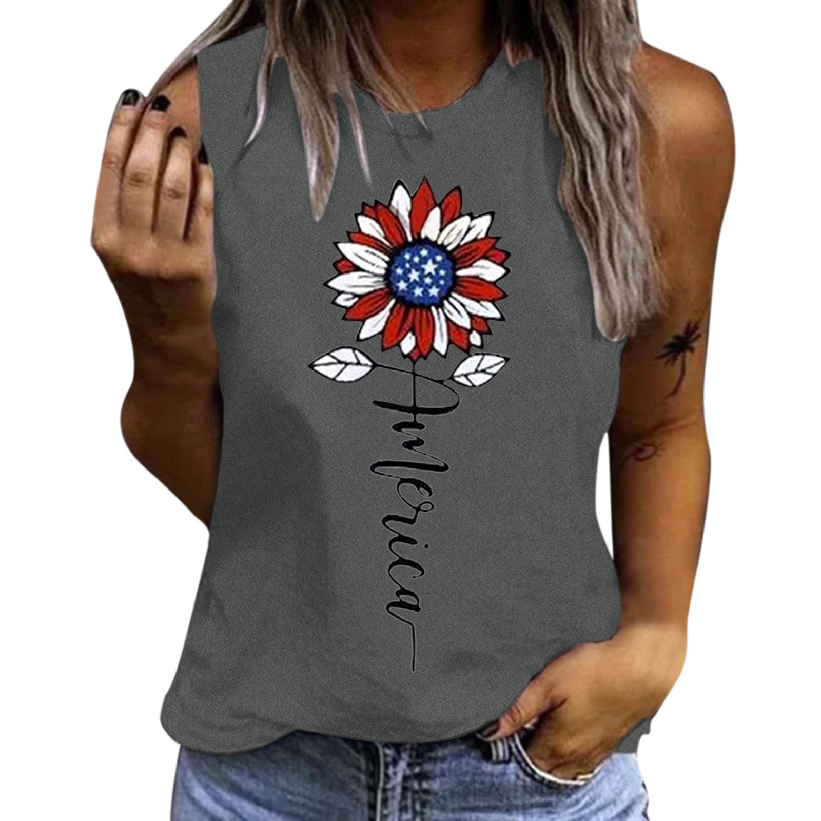 BEUU Women's Floral Print Sleeveless Crew Neck T-Shirt - Patriotic Vest Top for 4th of July, Summer Casual Wear | Perfect for Outdoor Festivals, Beach Vacations & BBQ Parties
