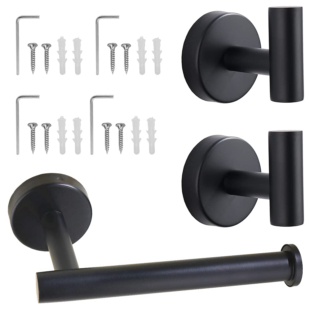 Premium SUS 304 Stainless Steel Bathroom Accessories Set - 3-Piece Wall Mounted Kit with Toilet Paper Holder & 2 Robe Hooks - Matte Black Finish for Modern Bathroom & Powder Room Decor