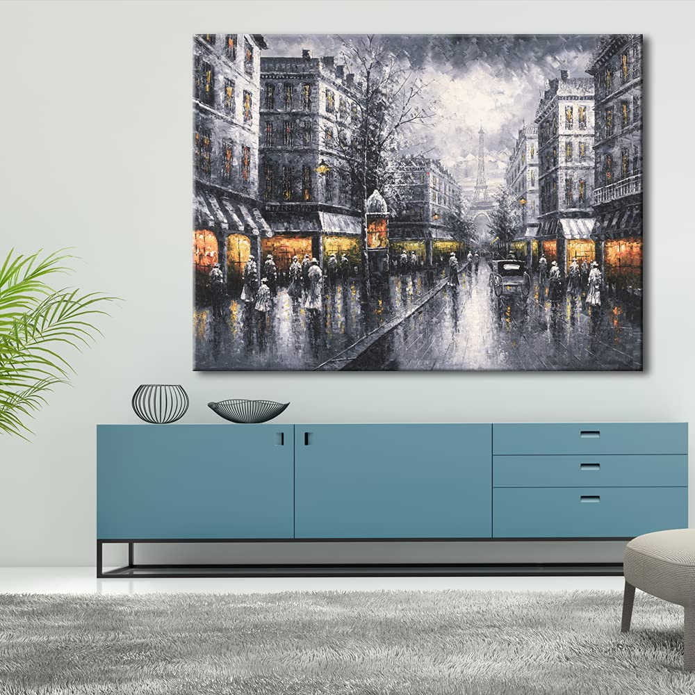 Extra Large Paris Street View Canvas Art - Modern Cityscape Oil Painting Print - Contemporary Landscape Wall Decor for Living Room, Bedroom & Office - 48x36 Inches
