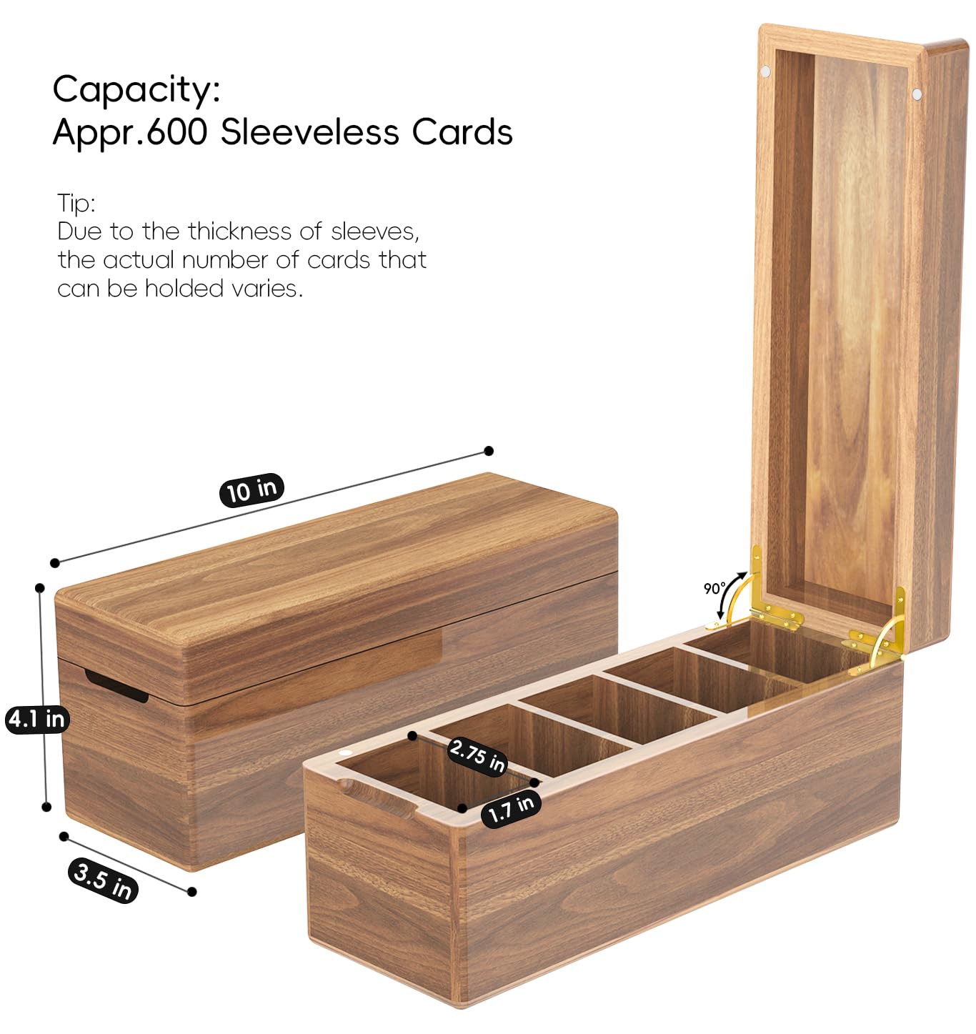 Premium Acacia Wood Trading Card Storage Box - Holds 600+ Single Sleeved PTCG/MTG Cards with 5 Compartments (3.5