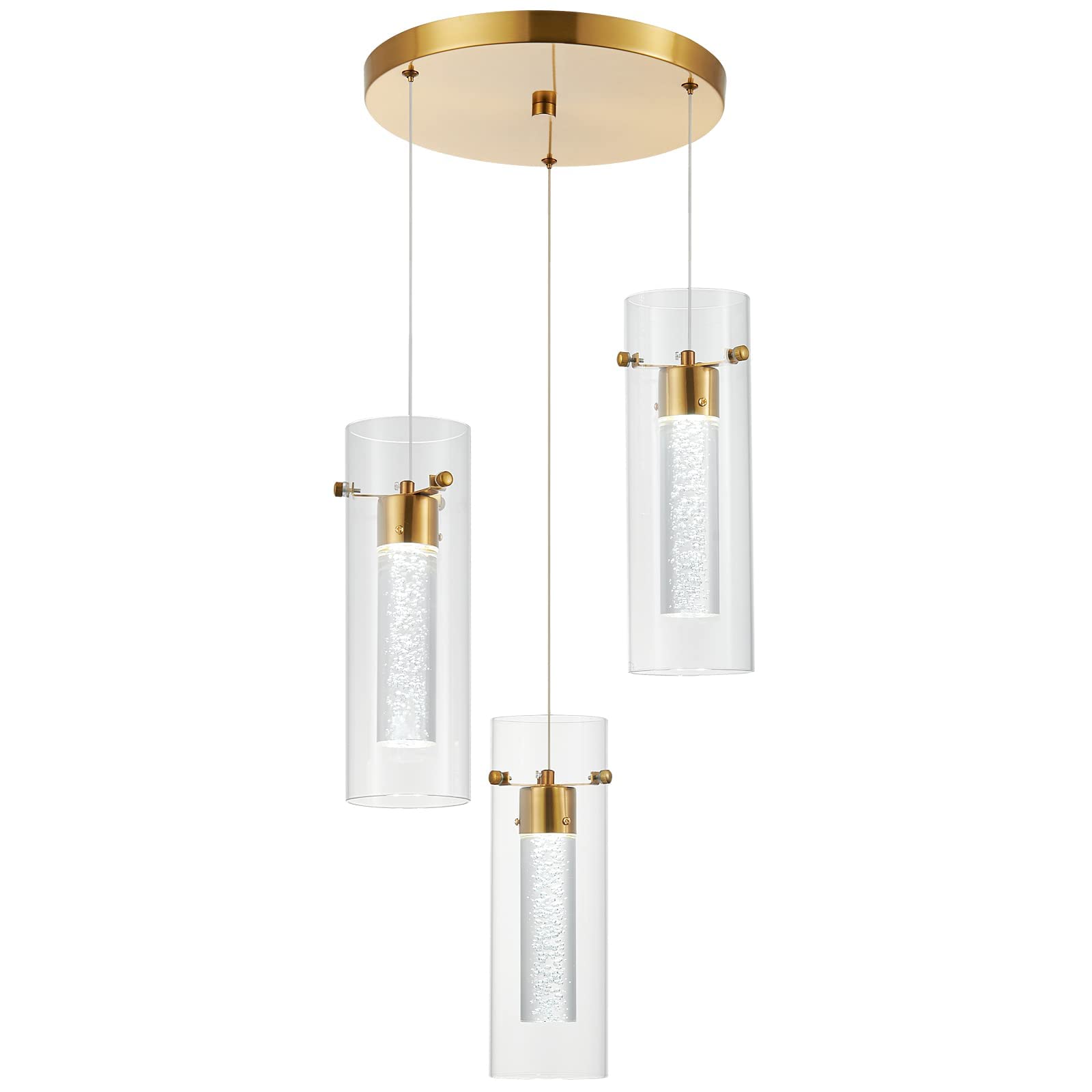 ZHLWIN Gold 3-Light Pendant Ceiling Fixture - 18W Integrated LED Hanging Light with Crystal Bubble Glass for Kitchen Island, Dining Room & Bar Lighting | Modern Home Decor