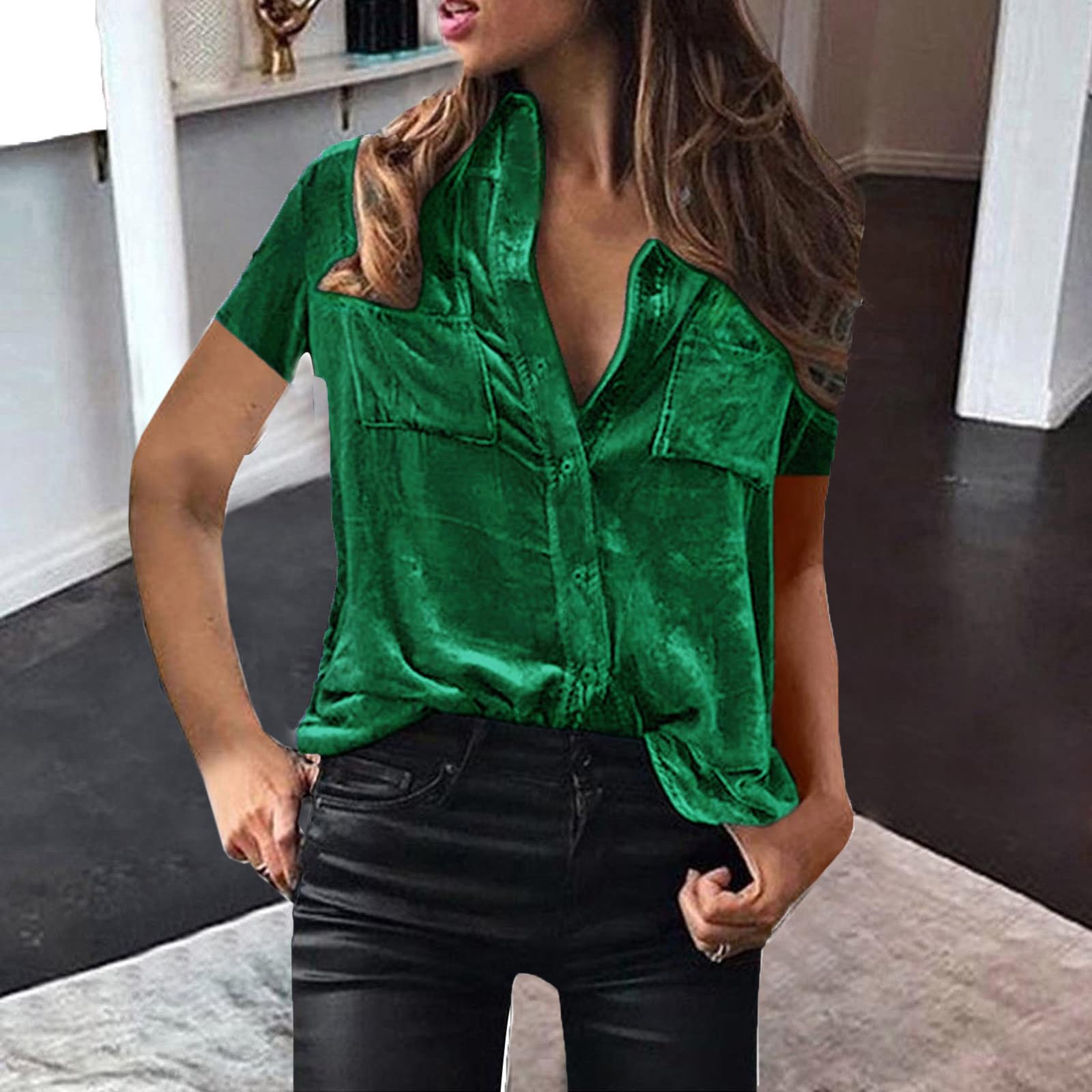 Retro Velvet Short Sleeve Button Down V-Neck Blouse for Women - Solid Color Casual Tops & Velvet Shirts - Perfect for Office Wear, Date Nights & Autumn Fashion