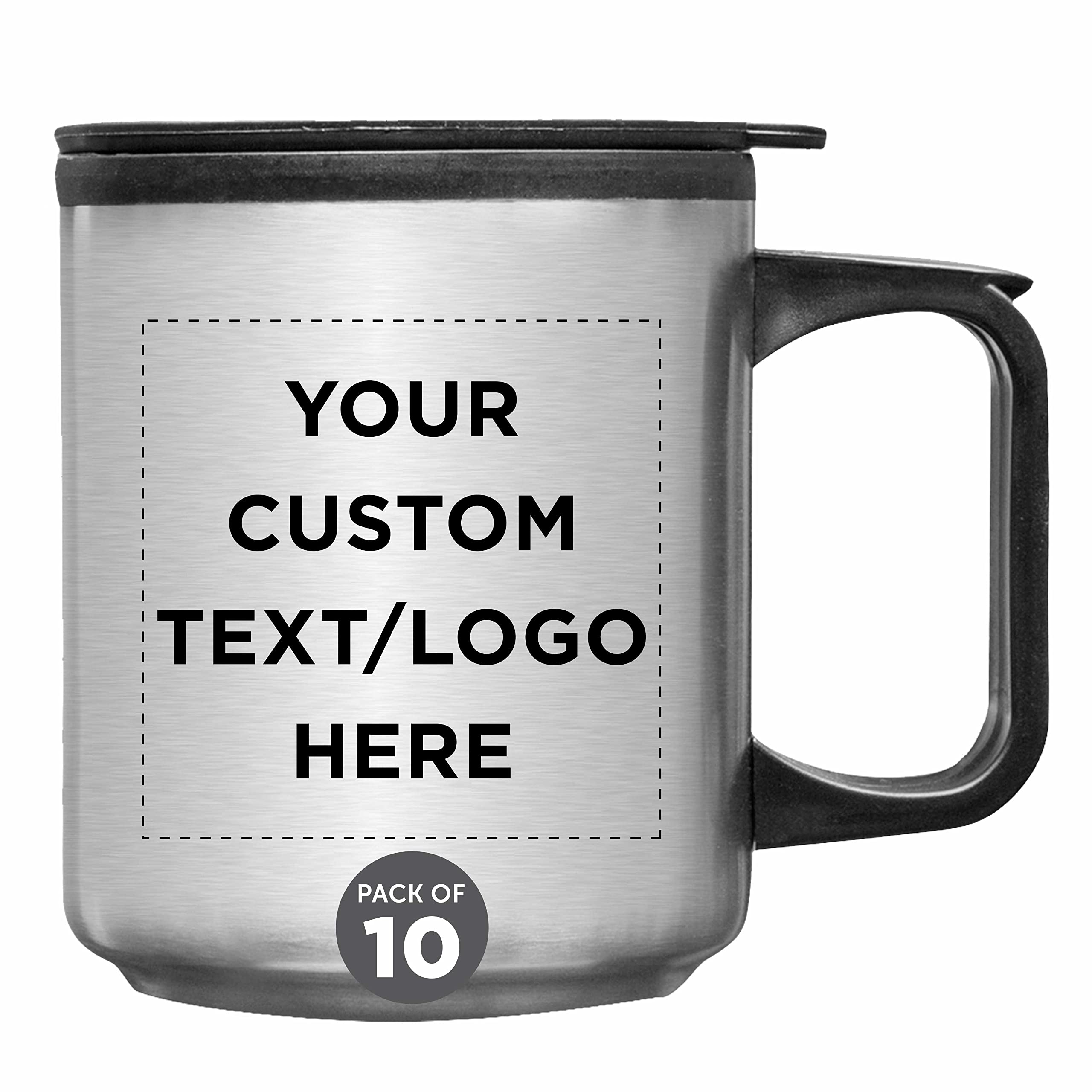 Custom Stainless Steel Travel Mugs with Handle 12 oz (Set of 10) - Personalized Bulk Coffee Tumblers for Hot & Cold Beverages - Durable Insulated Cups for Office, Camping, Gifts & Promotional Events