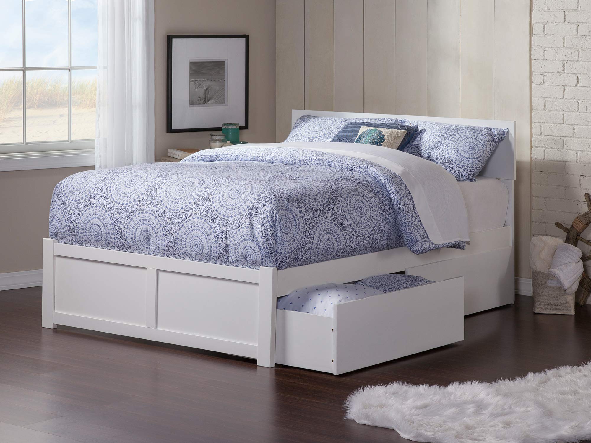 AFI Orlando Queen Size Platform Bed with Footboard & Storage in White - Modern Bedroom Furniture with Underbed Storage for Small Spaces & Apartments
