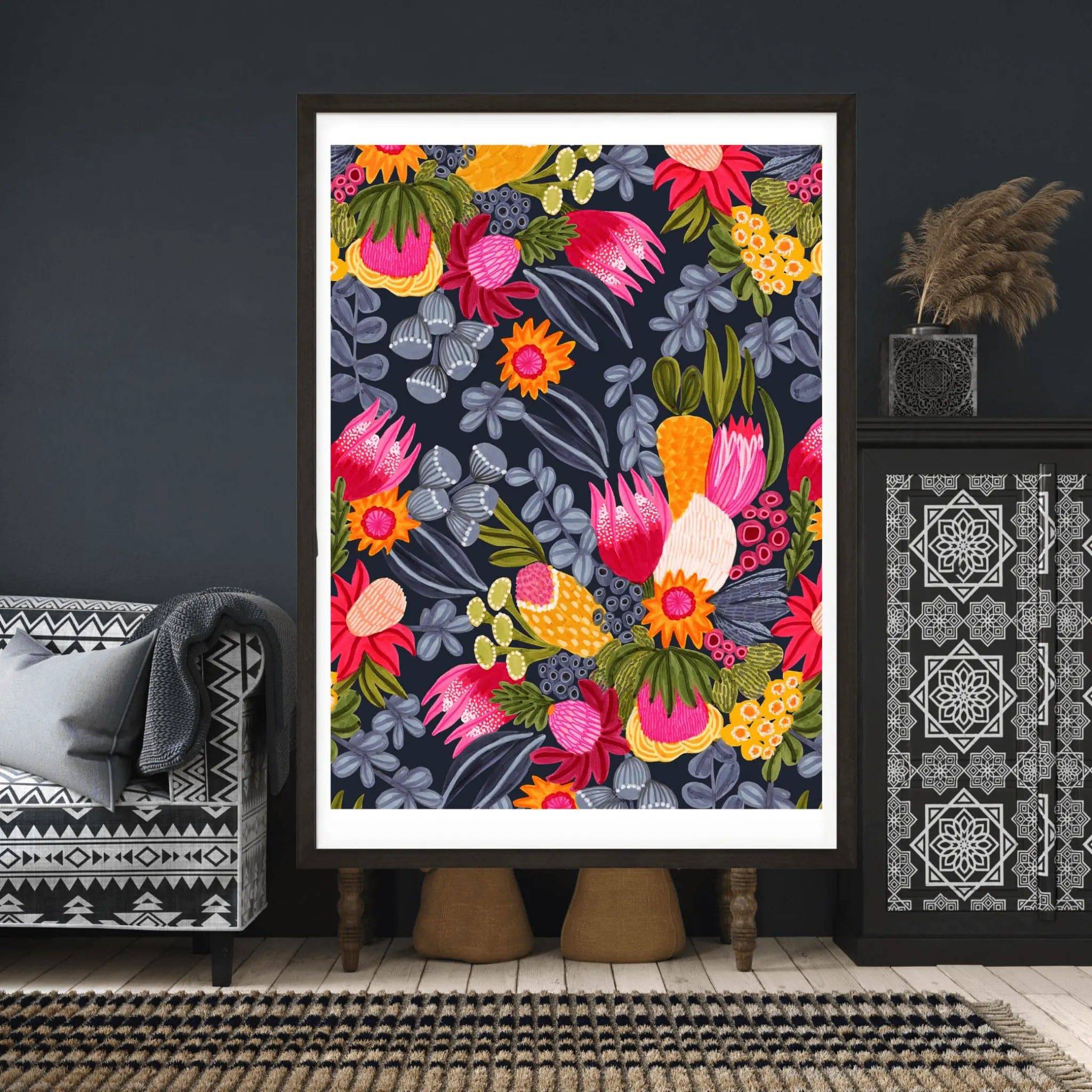 White Protea & Bush Flowers Botanical Art Print - Stunning Floral Wall Decor for Living Room, Bedroom & Office - Perfect for Home & Office Decor