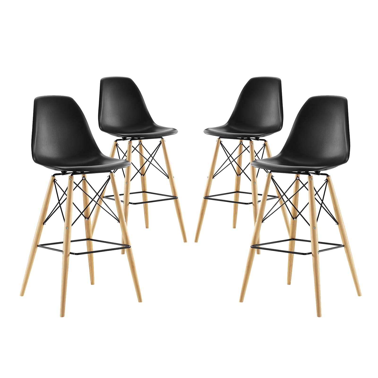 Modway Pyramid Mid-Century Modern Two Bar Stools with Natural Wood Legs in Black - Perfect for Kitchen Islands, Breakfast Bars & Contemporary Dining Areas