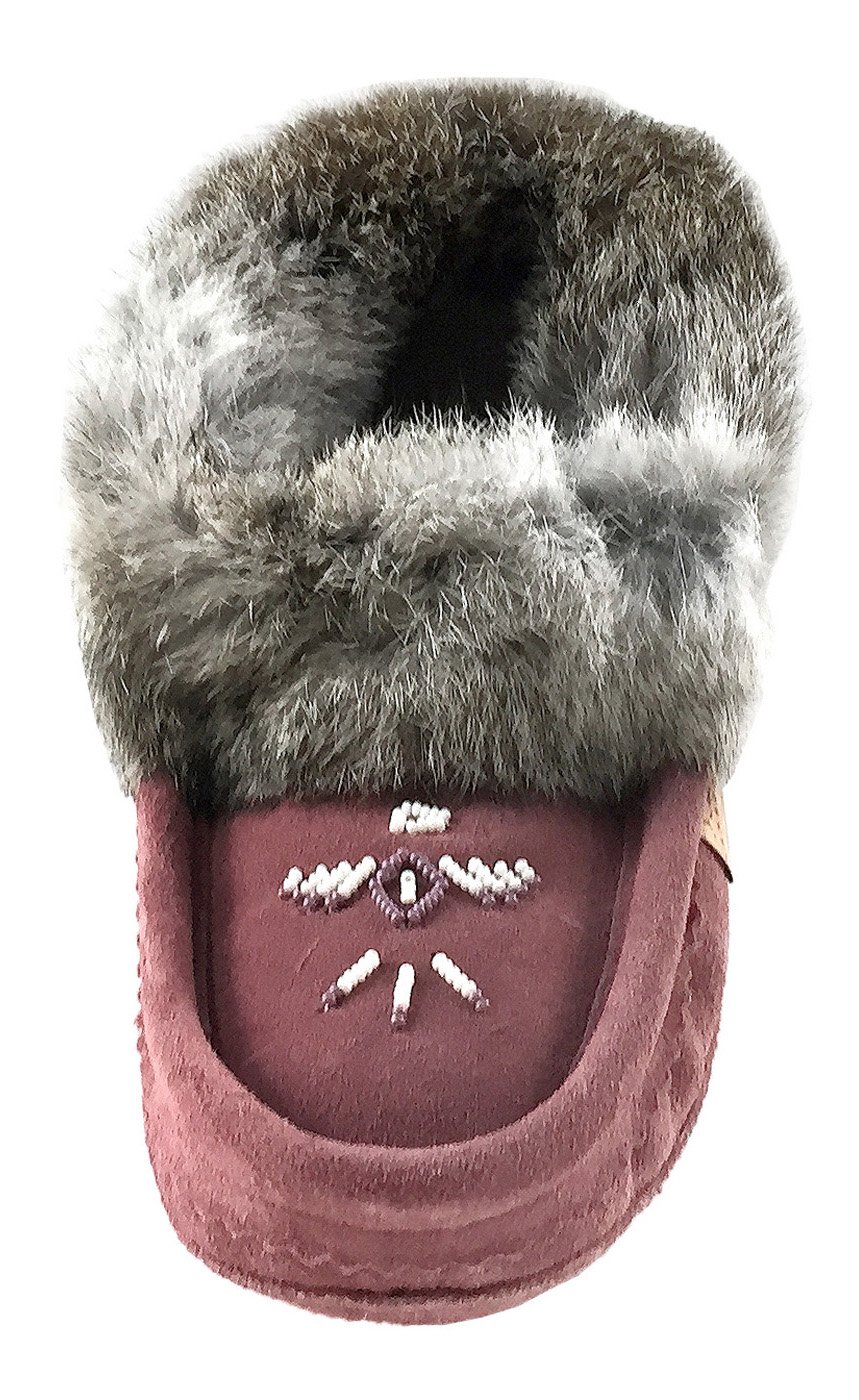 Laurentian Chief Women's Suede Slippers with Rabbit Fur Collar - Soft Sole Moccasins for Indoor Comfort & Cozy Home Wear
