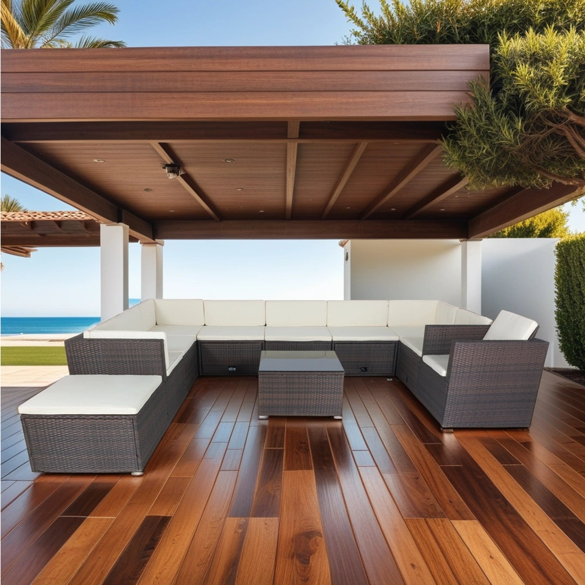 11-Piece Brown Wicker Patio Conversation Set with White Cushions - 10-Seater Outdoor Sectional Sofa with 3 Under-Seat Storage Boxes - Perfect for Backyard, Garden, Poolside & Patio Relaxation