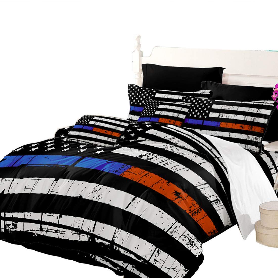 American Flag Printed Queen Size Duvet Cover Set - 3PC Patriotic Bedding in Black, Blue, Red & Gray for Independence Day Decor | Perfect for Bedroom, Guest Room & Dorm Room