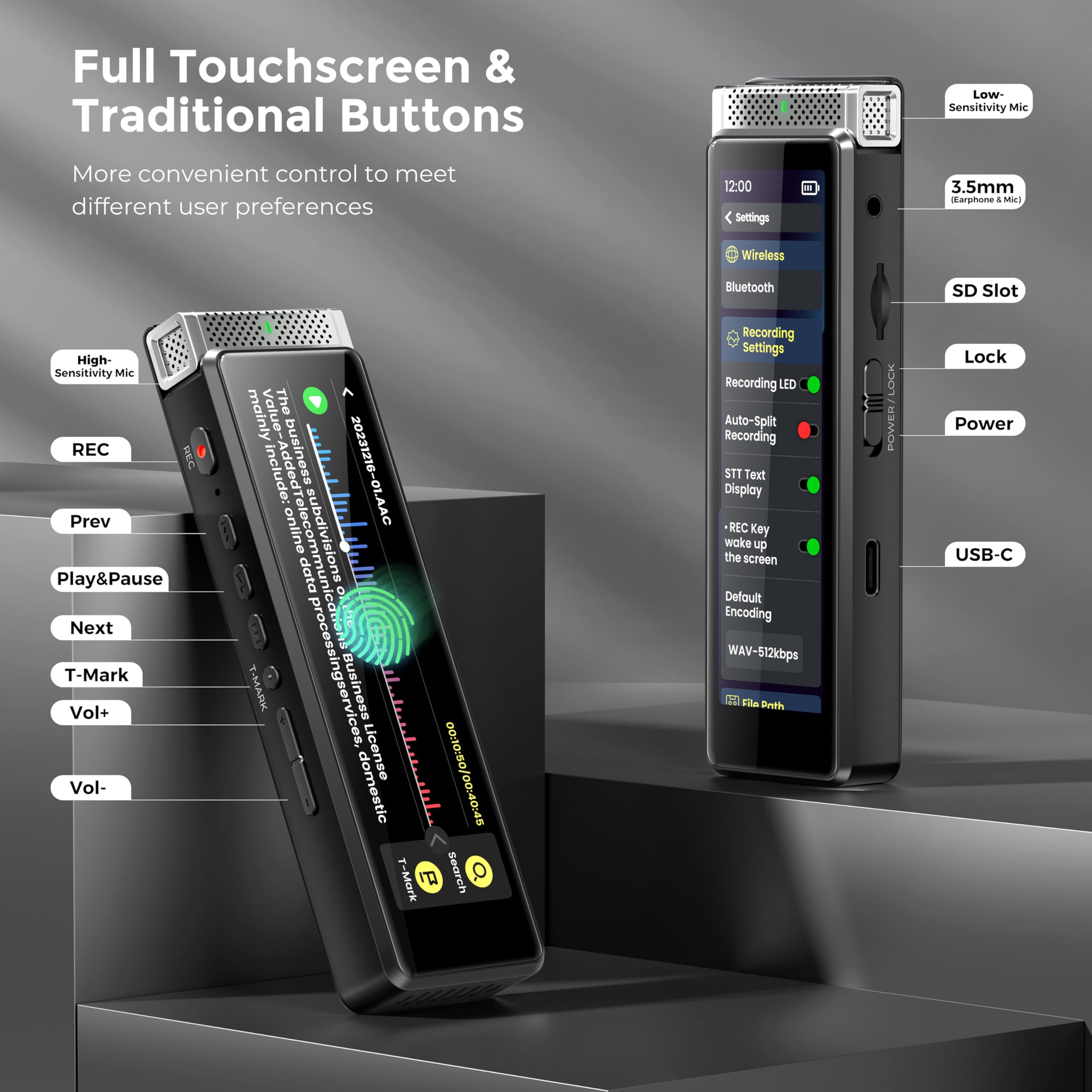 72GB Digital Voice Recorder with Playback & AI Transcription - Innioasis R1 Touchscreen Audio Recorder with Bluetooth, Voice Activation & Built-in Mic | Perfect for Lectures, Meetings & Interviews (Silver)