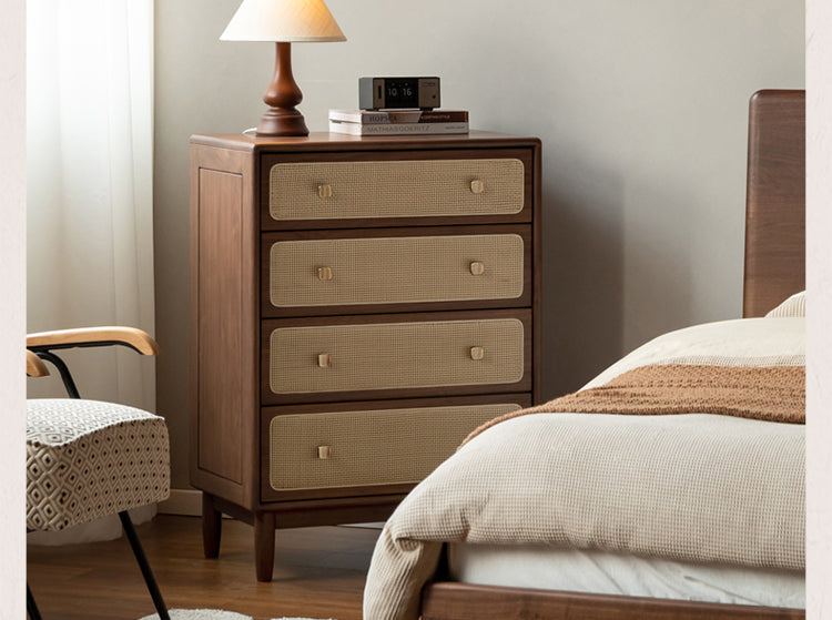 Solid Oak & Black Walnut Wood Cabinet with Rattan Doors - Modern Storage Organizer for Living Room, Bedroom, or Entryway