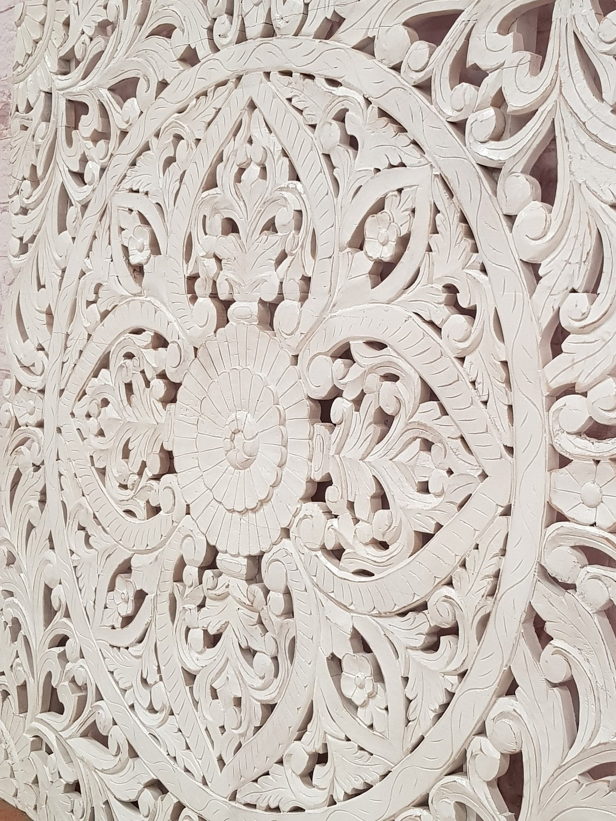 Hand Carved Indian Solid Wood Bed Panel - Floral Design, White Wash Finish (200x200cm) for Master Bedroom & Guest Room Decor
