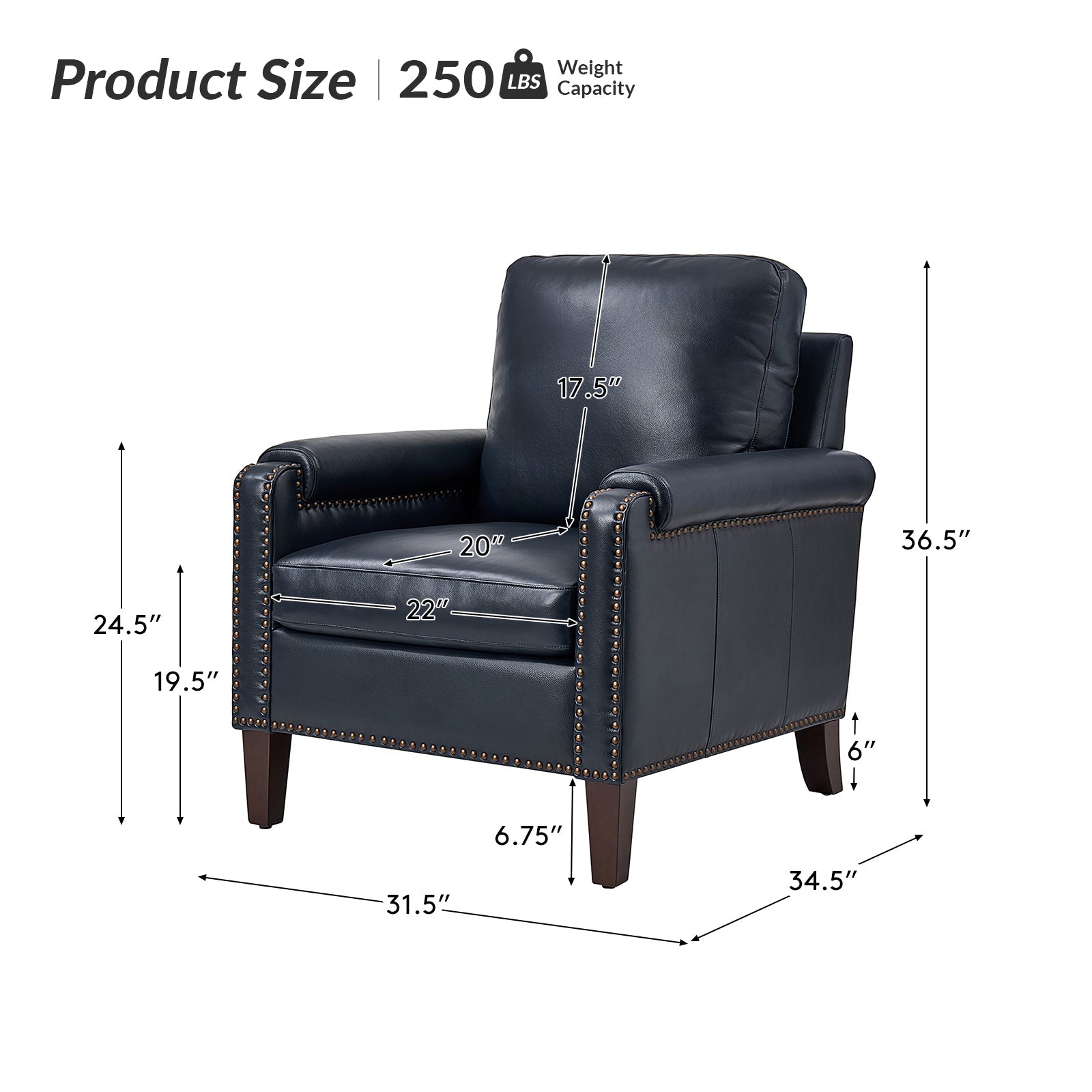 Nathaniel Transitional Style Genuine Leather Armchair - Premium Brown Leather Lounge Chair for Living Room, Office & Study - Comfortable Reading Chair with Padded Seat & Wooden Legs