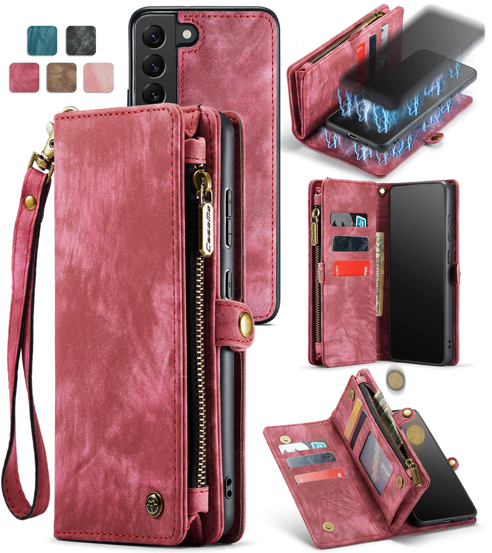 Genuine Leather Magnetic Wallet Case for Samsung Galaxy S22 2022 & S22 Ultra - Detachable Flip Cover with RFID Blocking, Card Slots & Zipper Purse | Perfect for Business, Travel & Everyday Protection (Red)