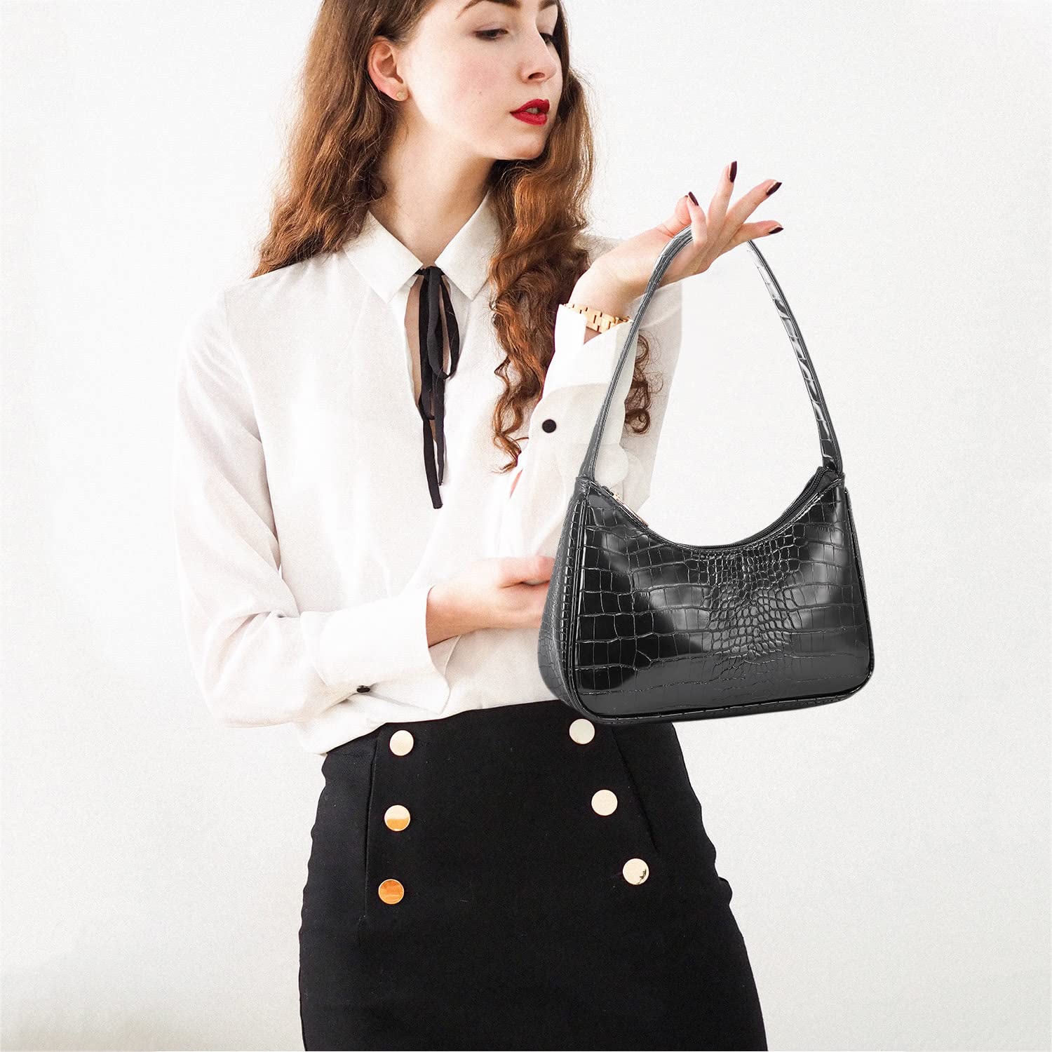 LOVEVOOK Women's Small Shoulder Bag - Crocodile Pattern Vegan Leather Clutch Purse, Cute Mini Handbag for Everyday Use, Date Night & Shopping