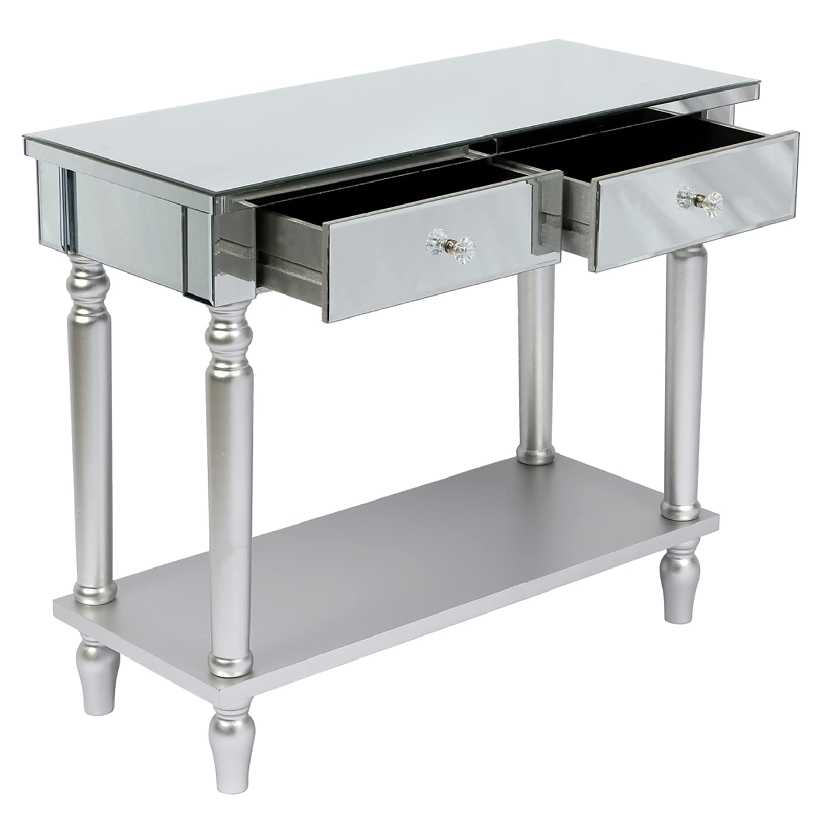 2 Drawers with Shelf Mirror Dressing Table - White Vanity Desk with Crystal Knobs for Makeup, Home Office & Bedroom - Elegant Console Table for Women, Smooth Finish, Versatile for Living Room & Entryway