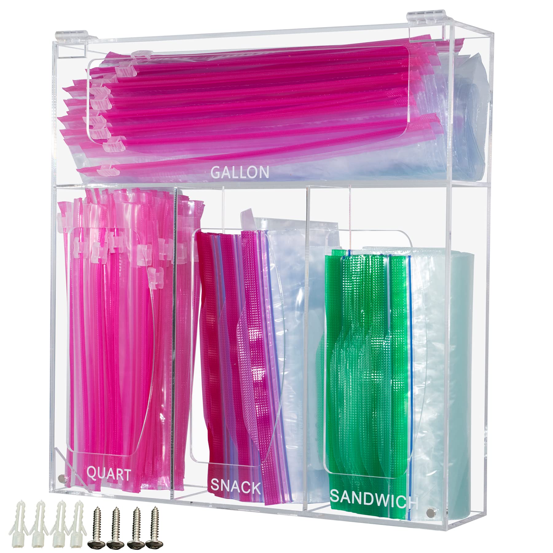 SEANADO Acrylic Ziplock Bag Storage Organizer - Clear Kitchen Drawer & Wall Mount Baggie Dispenser with Lid | Fits Ziploc, Gallon, Quart, Sandwich & Snack Bags | Perfect for Pantry, Office & Craft Room Organization
