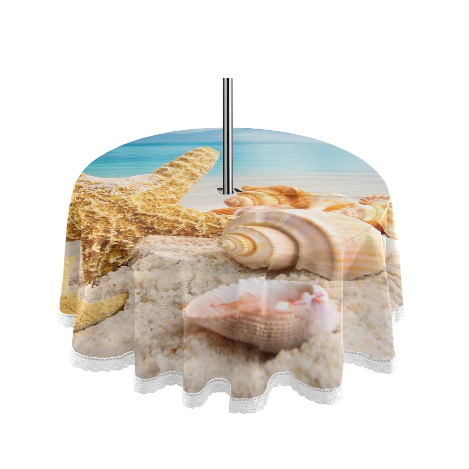 Starfish Seashell Beach Tablecloth with Umbrella Hole & Zipper - Waterproof Outdoor Table Cover for Spring Summer BBQs, Picnics, Backyard Dining - Machine Washable Home Decor for Patio, Garden Parties & Coastal Theme Events