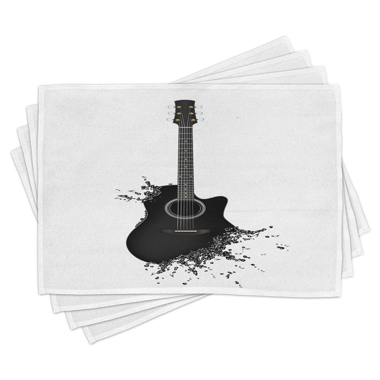 Ambesonne Guitar Placemats Set of 4 - Monochrome Acoustic Instrument Design with String Details, Washable Fabric Table Mats for Dining Room Decor (12x18 Inches, Black & White) - Perfect for Music Lovers, Dinner Parties & Themed Decorations