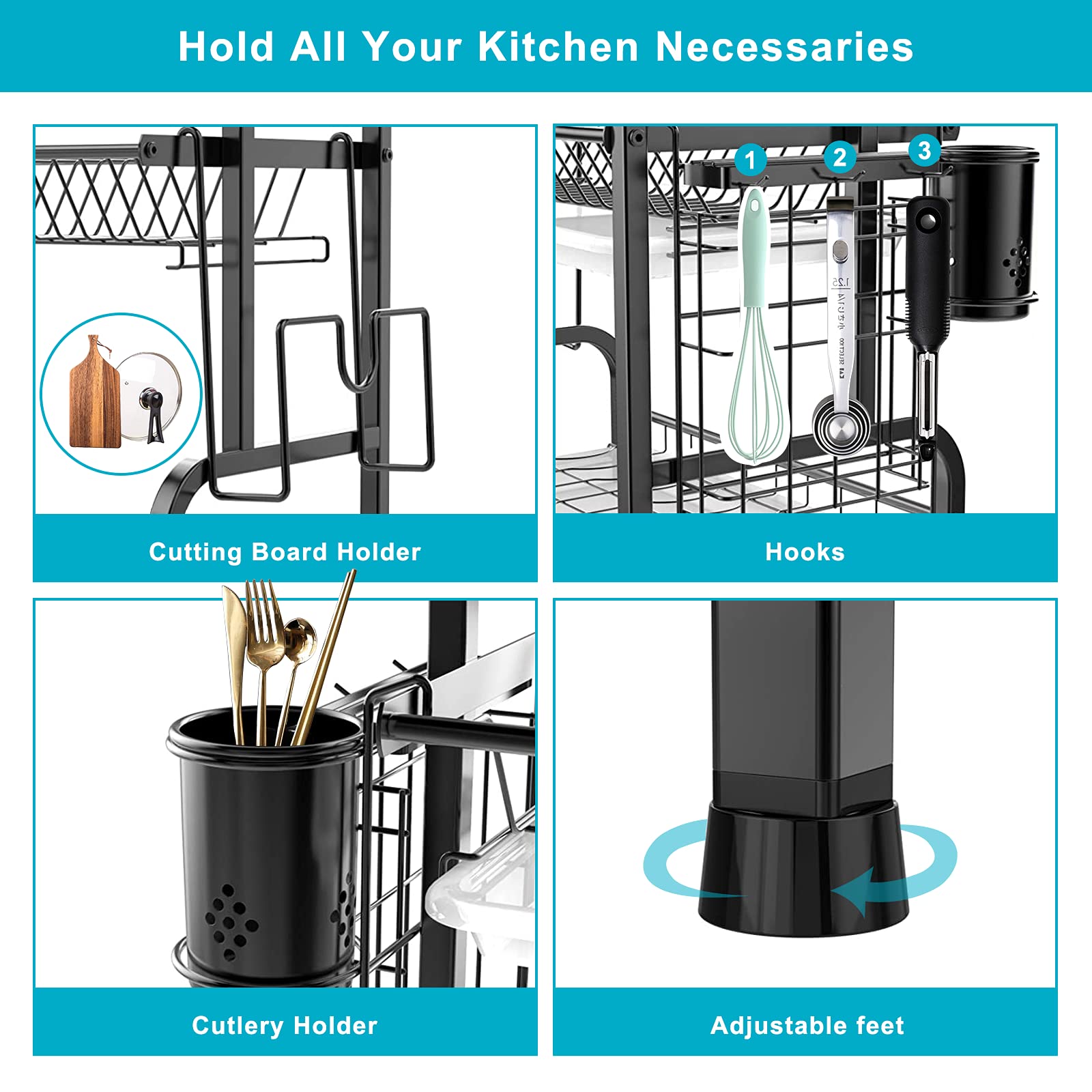 2-Tier Stainless Steel Dish Drying Rack with Utensil Holder & Cutting Board Storage - 16