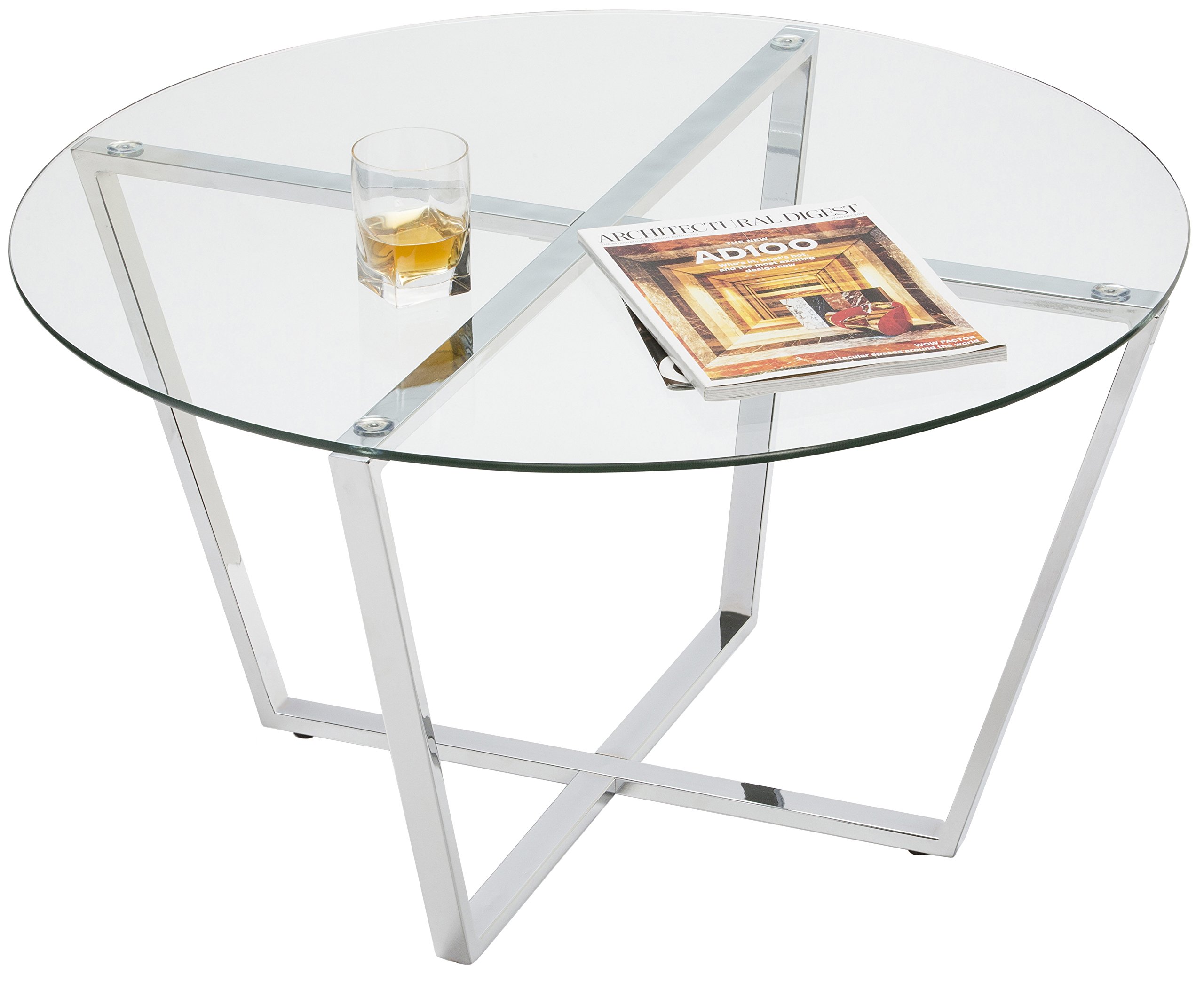 Modern Mango Wood Round Glass Coffee Table with Chrome Base - Stylish Side Table for Living Room & Dining Room - Perfect for Small Spaces & Contemporary Decor